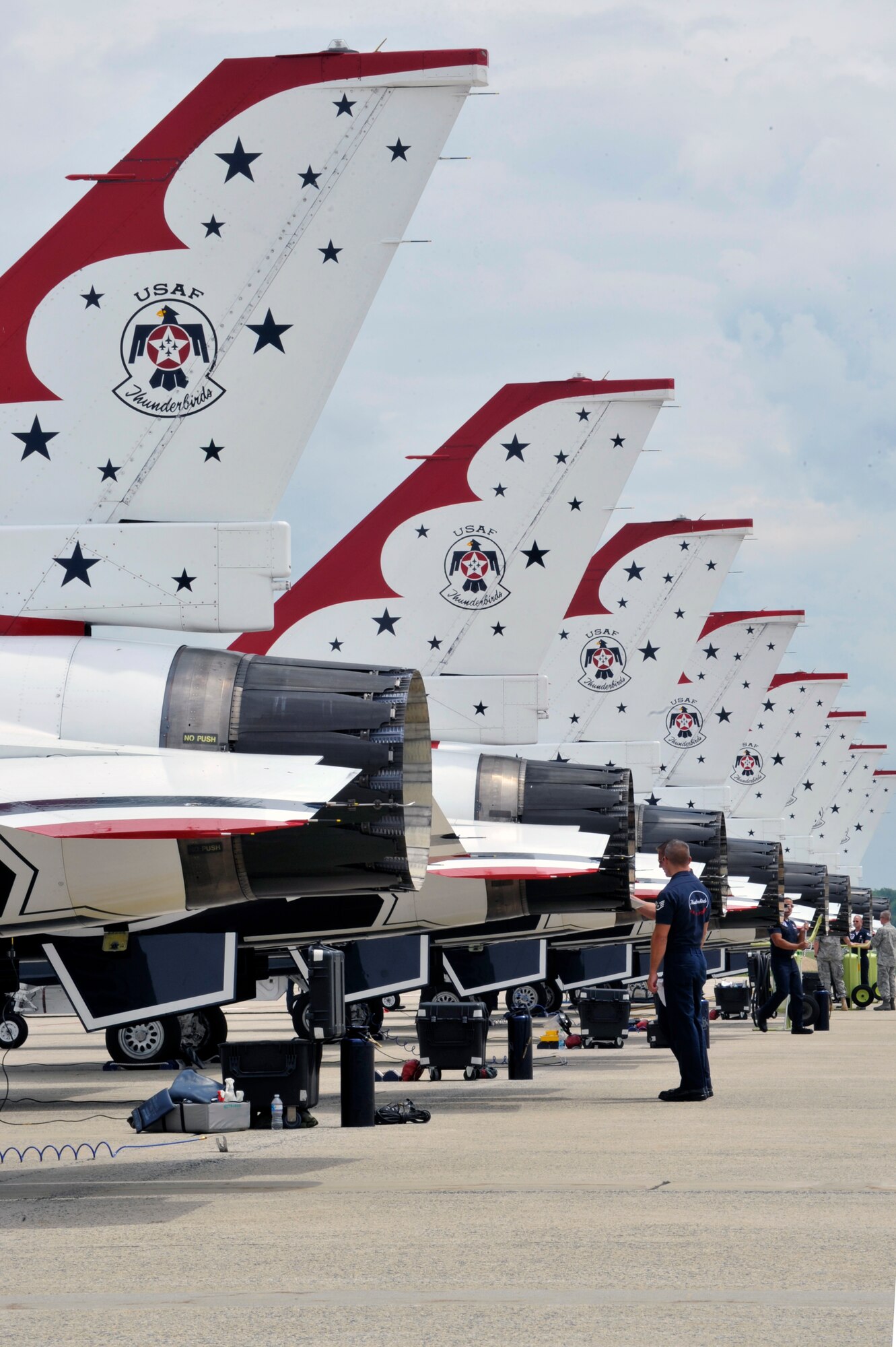 The Air Force Thunderbirds Demonstration Team prepares the F-16 Thunderbirds for the 2011 Joint Service Open House here May 19. The 2011 JSOH is a three-day air show that gives local community members a closer look at the advanced capabilities of the military services. The 2011 JSOH affords the public an opportunity to meet the men and women of the Armed Forces and to see military equipment from the Navy, Marines, Army, Air Force and Coast Guard. The 2011 JSOH is planned and conducted through the efforts of active duty,  guard and reserve servicemembers, as well as civilian employees, retirees and family members. (U.S. Air Force Photo by Senior Airman Perry Aston)