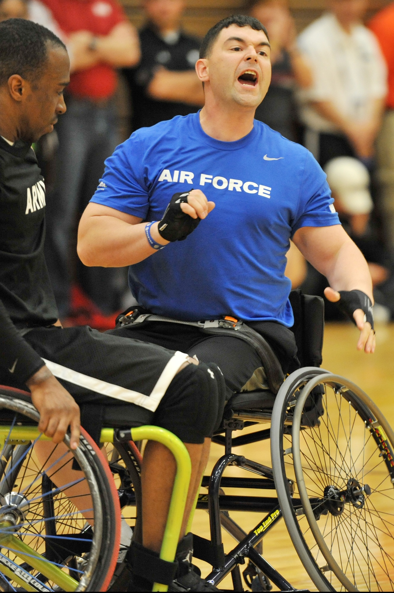 Matthew Bilancia, a member of the Air Force wheelchair basketball team, competes May 18, 2011, during the Warrior Games at the U.S. Olympic Training Center in Colorado Springs, Colo. Some 200 wounded warriors and disabled veterans from all of the military services competed in paralympic-style athletic events May 16 to 21. (U.S. Air Force photo/Staff Sgt. Desiree N. Palacios)