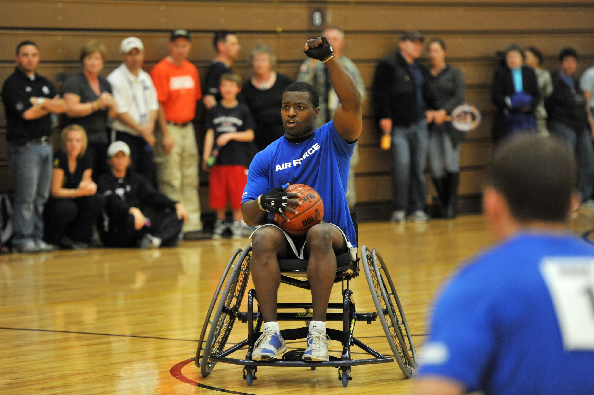 Matt Sanders, a member of the Air Force wheelchair basketball team, competes May 18, 2011, during the Warrior Games at the U.S. Olympic Training Center in Colorado Springs, Colo. Some 200 wounded warriors and disabled veterans from all of the military services competed in paralympic-style athletic events May 16 to 21. (U.S. Air Force photo/Staff Sgt. Desiree N. Palacios)