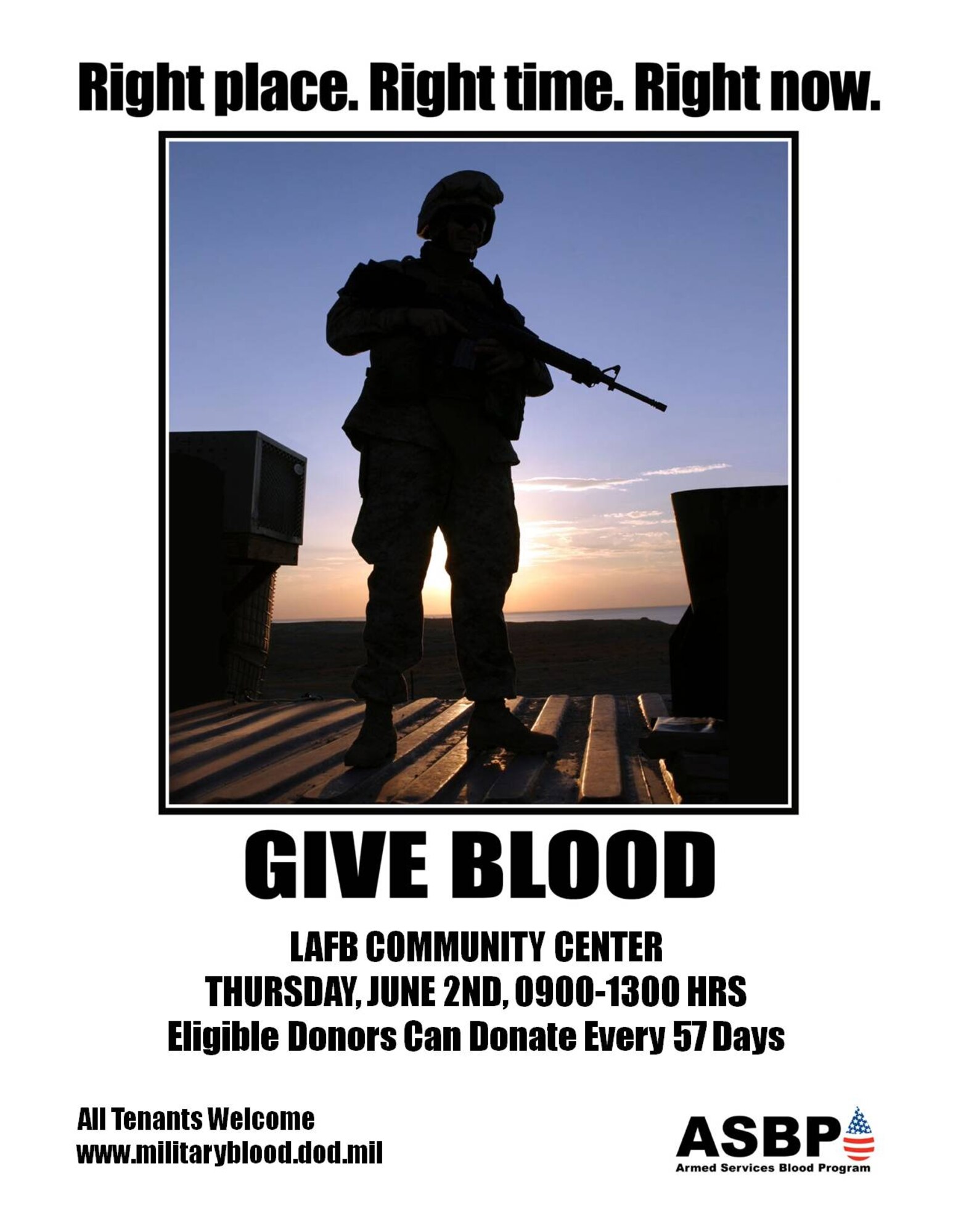 An Armed Services Blood Program blood drive will be held from 9 a.m. to 1 p.m. in the community center at Langley Air Force Base, Va., June 2. The Department of Defense program is responsible meeting blood and blood product needs for active-duty Servicemembers worldwide, and family members and dependents in military treatment facilities. (Courtesy graphic)