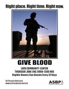 An Armed Services Blood Program blood drive will be held from 9 a.m. to 1 p.m. in the community center at Langley Air Force Base, Va., June 2. The Department of Defense program is responsible meeting blood and blood product needs for active-duty Servicemembers worldwide, and family members and dependents in military treatment facilities. (Courtesy graphic)