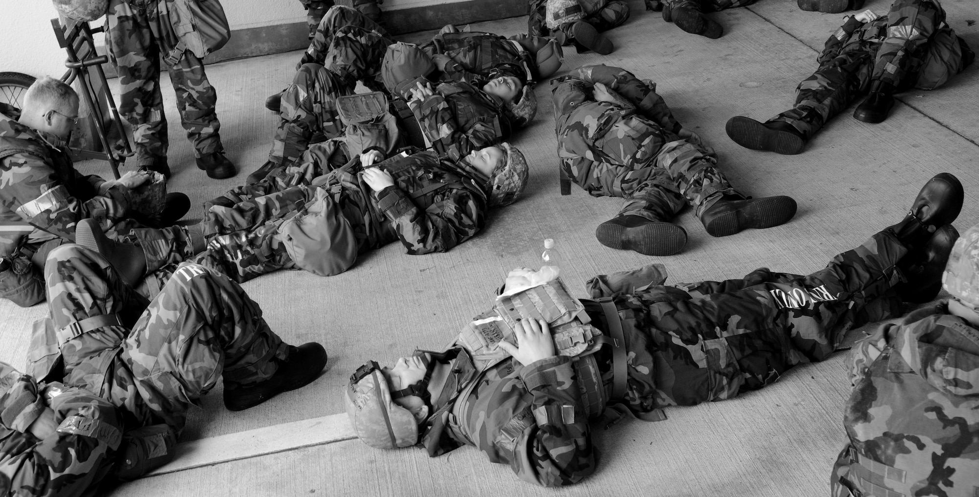 Victims of simulated "food poisoning" lay in a triage during a local operational readiness exercise, Beverly High 11-04, May 19at Kadena Air Base, Japan. Kadena's personnel are participating in the LORE to stay prepared for real world contingencies. (U.S. Air Force photo/Airman 1st Class Jarvie Z. Wallace)