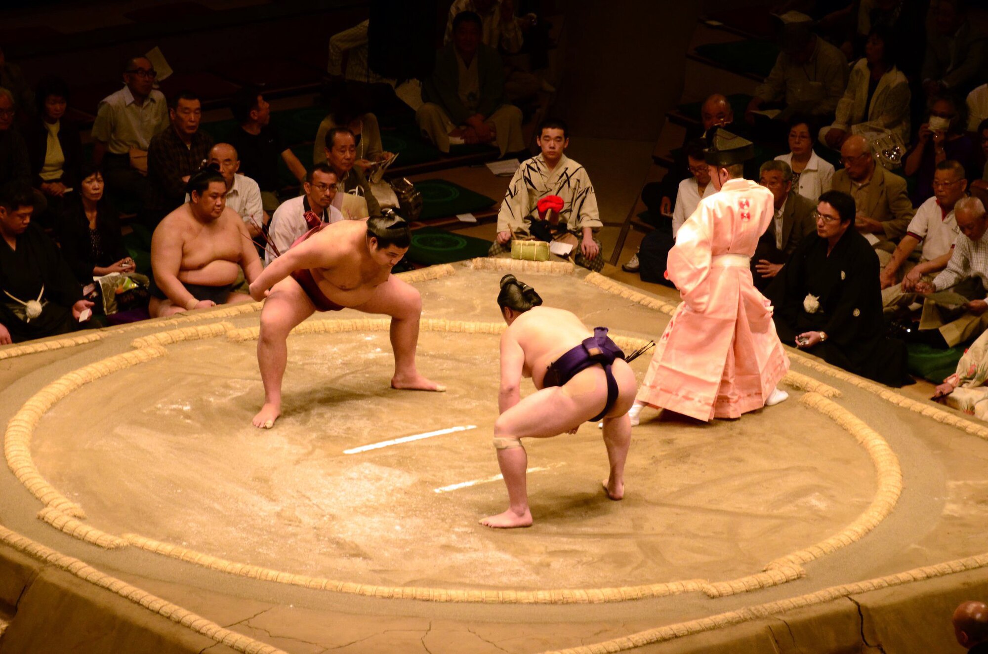 YOKOTA AIR BASE, Japan – Two Sumo wrestlers prepare to spare during a sumo tournament held at the Ryogoku Kokugikan, Tokyo, Japan, May 14, 2011. More than 150 members of the Yokota family were invited to witness Japan’s national sport first hand. (Courtesy Photo)