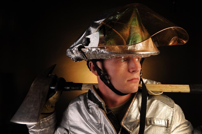 NELLIS AIR FORCE BASE, Nev. -- Senior Airman Brian Wernert, a fire fighter from the 99th Civil Engineer Squadron. Fire Fighters at Nells and through out the Air Force are first responders to all kinds of emergencies to include in flight emergencies on aircraft, and house fires on base. Senior Airman Wernert has been in the Air Force for 4 years, all at Nellis. (U.S. Air Force illustrative photo by Airman 1st Class Daniel Hughes)