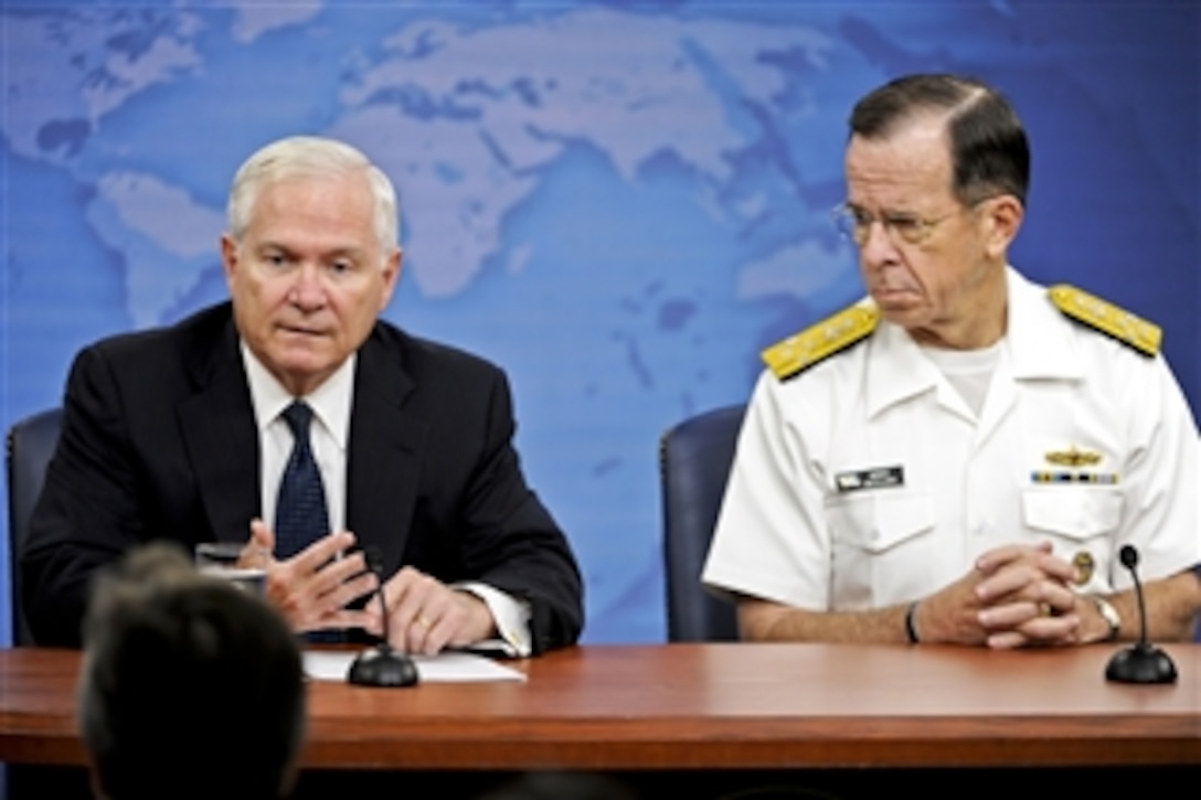 Secretary of Defense Robert M. Gates and Chairman of the Joint Chiefs of Staff Adm. Mike Mullen, U.S. Navy, conduct a press conference in the Pentagon on May 18, 2011.  