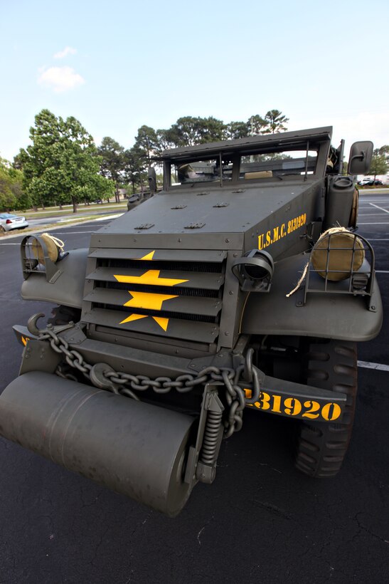 JACKSONVILLE, N.C.—An M-2 half-track armored car sits on display at the Museum of the Marine’s book fair and living history display at Barnes and Noble, May 20.  The weekend-long event showcased some of the artifacts that may be on display at the museum once it opens.  The event raised funds so the museum can reach its goal of breaking ground this spring.  The M-2 was used in the Pacific during World War II for patrols and troop transport.