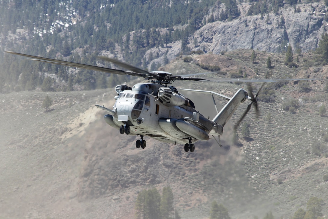A CH53-E Super Stallion with HMH-361 lands at the Mountain Warfare Training Center Bridgeport, Calif., flight line May 20, 2011, during high altitude training.