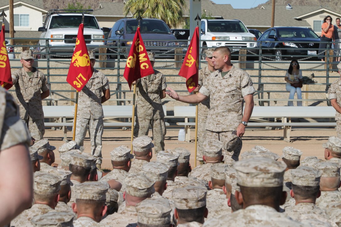 Sergeant Maj. Scott Samuels introduces himself and congratulates Marines of 3rd Battalion, 7th Marine Regiment after the award ceremony at Felix Field May 27, 2011.