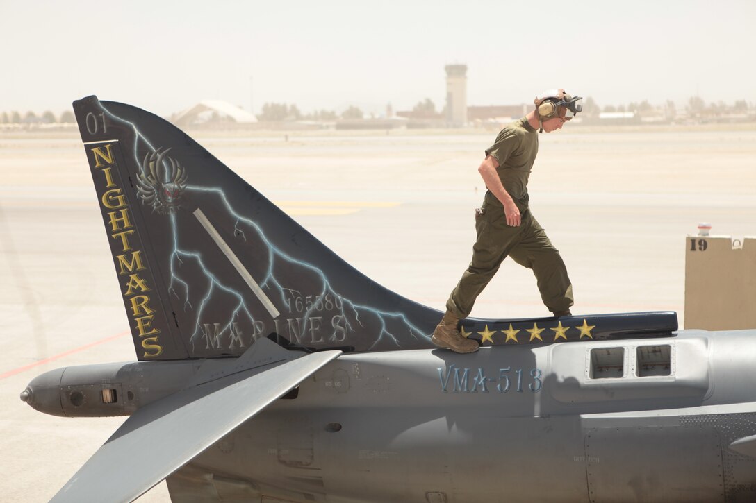 AV-8B Harriers with Marine Attack Squadron 513, deployed out of Marine Corps Air Station Yuma, Ariz., rest at Kandahar Airfield, Afghanistan, following their arrival, May 20. VMA-513, which was the first Marine Corps Harrier squadron to deploy to Afghanistan, recently returned after more than a decade. “There is nothing impossible for the Marines of the squadron,” said Sgt. Maj. Scott E. Cooper, the VMA-513 squadron sergeant major, and native of Huntington Beach, Calif. “Their hearts are in the right places, they are focused on their missions and they want to be here.”