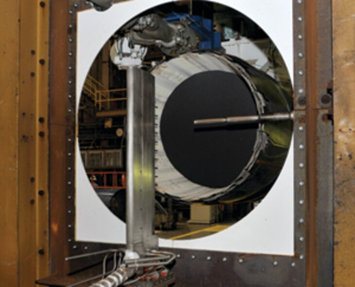 AEDC’s Technology Branch developed this emissions rake and high-speed AB camera which were installed in the diffuser of the J-1 test cell to support alternative fuels testing. (Photo by Rick Goodfriend)