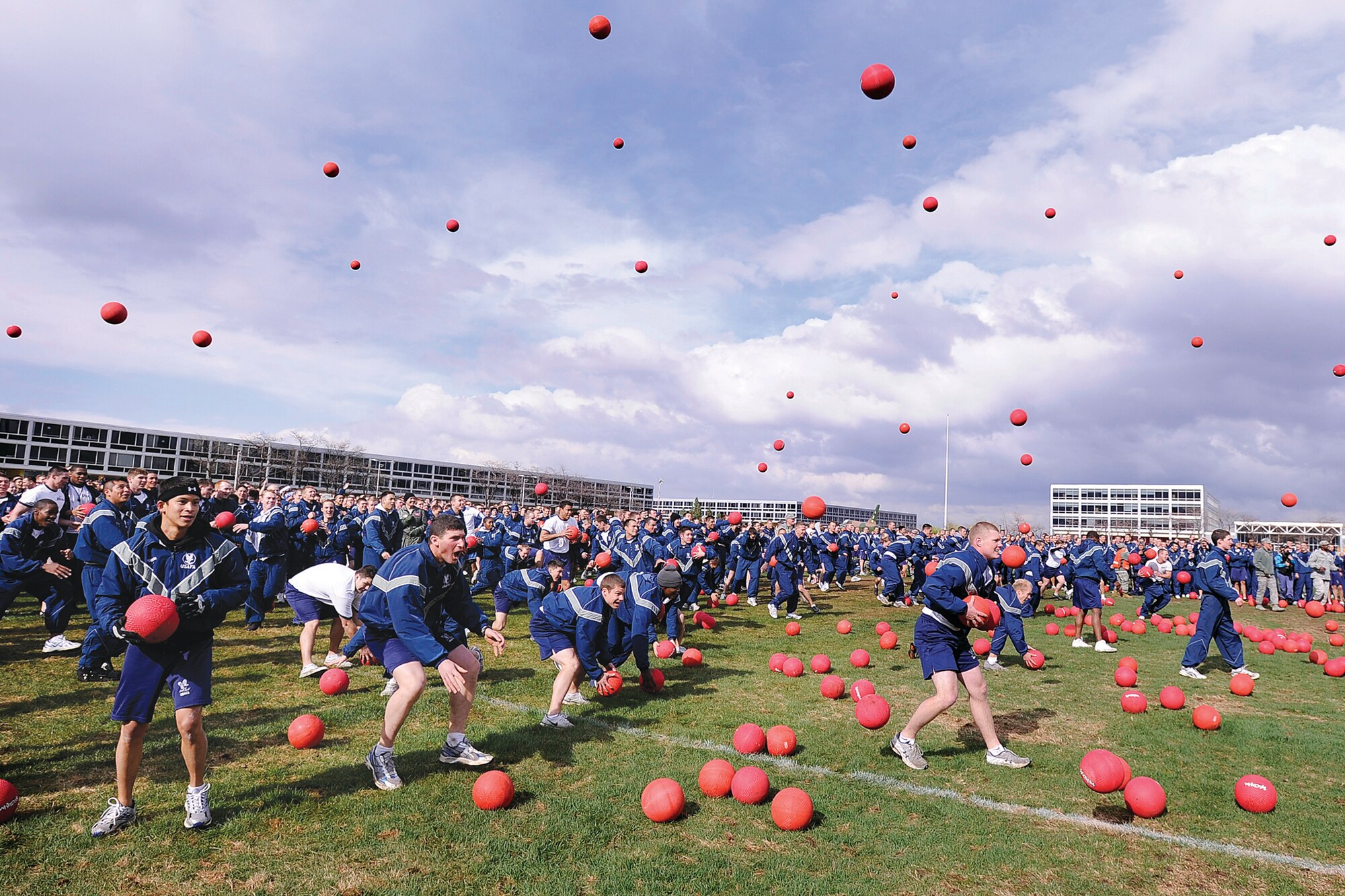 More than 3,500 U.S. Air Force Academy cadets participated in a single-elimination dodgeball game May 18, 2011, on the Terrazzo at the Academy, in an attempt to break a Guinness World Record. Following the game, documentation was collected and forwarded to Guinness officials for validation.  (U.S. Air Force photo/Mike Kaplan)