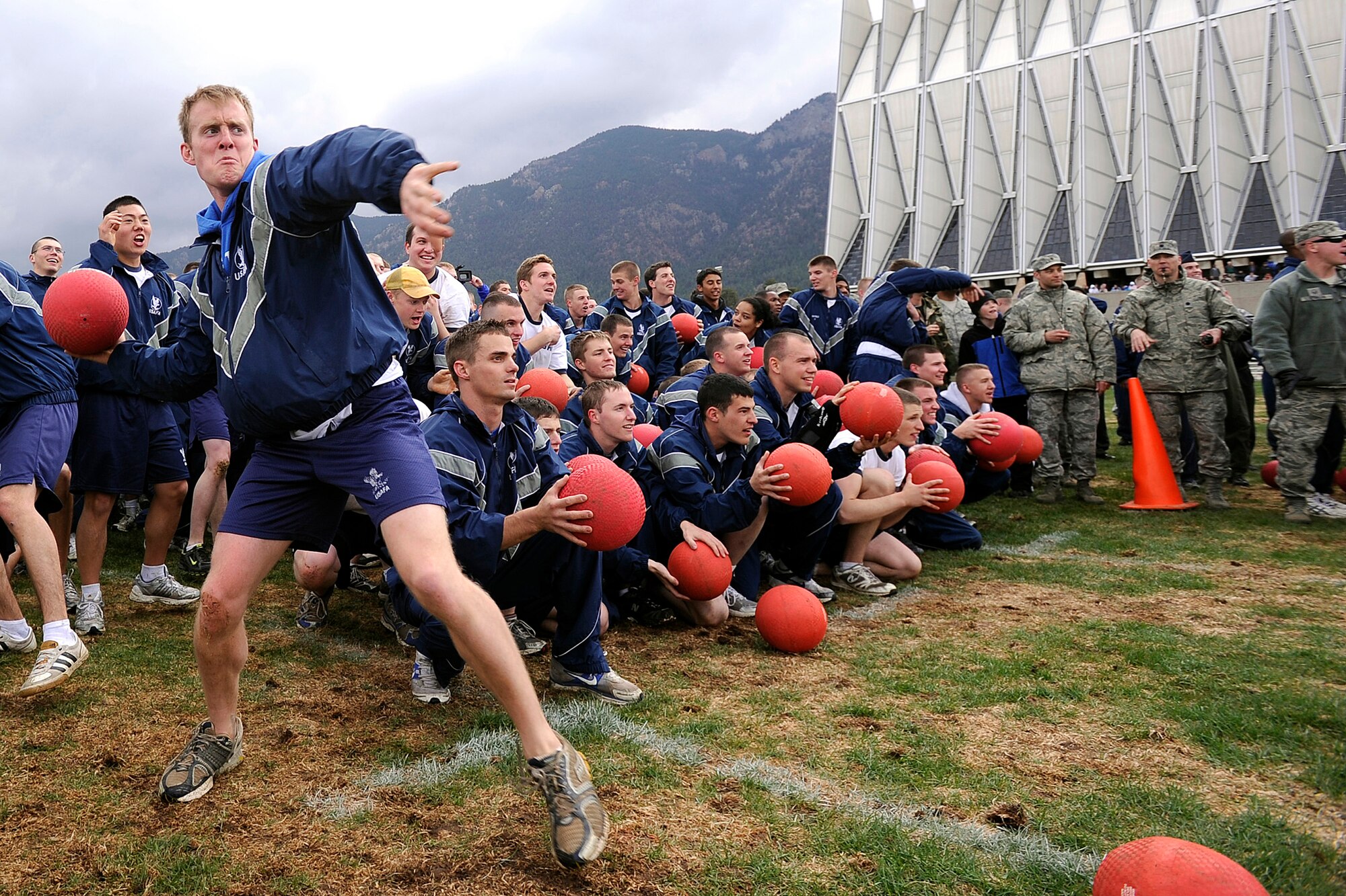 More than 3,500 U.S. Air Force Academy cadets participated in a single-elimination dodgeball game May 18, 2011, on the Terrazzo at the Academy, in an attempt to break a Guinness World Record. Following the game, documentation was collected and forwarded to Guinness officials for validation.  (U.S. Air Force photo/Mike Kaplan)