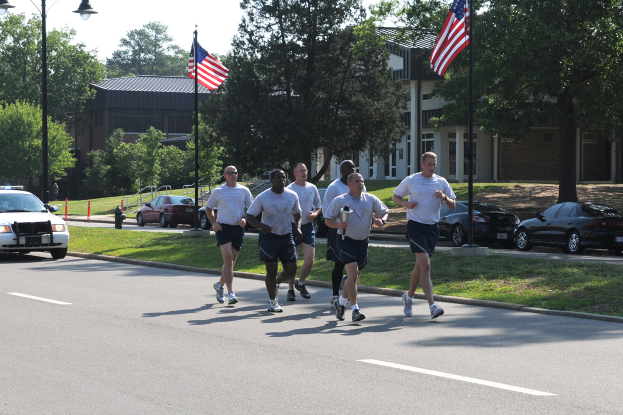 Six members of the 14th Security Forces Squadron participated in the nationwide Torch Run Tuesday, May 10 on Columbus Air Force Base, Miss. The Law Enforcement Torch Run takes place in 50 states and 30 foreign countries making it the largest fund raising program benefiting Special Olympics. (Courtesy photo)