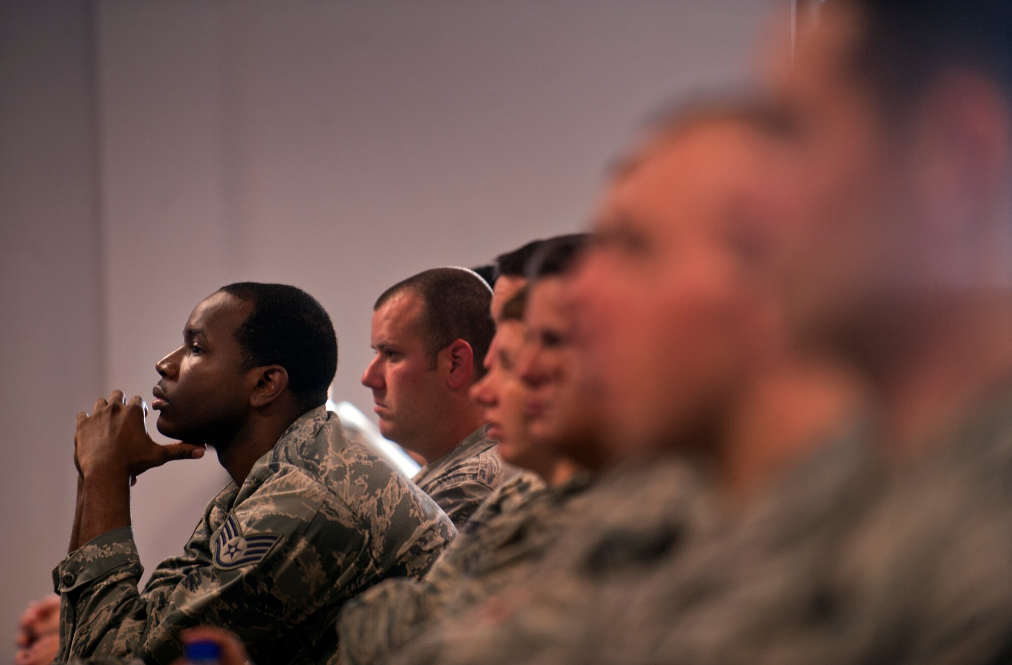 Staff Sgt. Jamal Sutter, 23rd Wing Public Affairs photography NCO in charge, listens to the effects of driving while fatigued during a safety brief at Moody Air Force Base, Ga., May 20. Driving while fatigued can be just as deadly as driving while intoxicated. (U.S Air Force photo/Airman 1st Class Douglas Ellis)(RELEASED)
