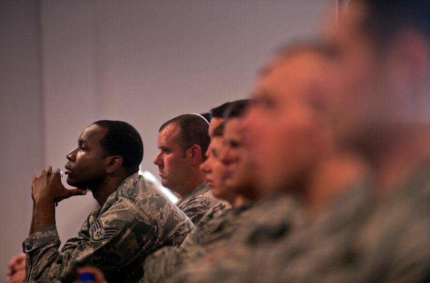 Staff Sgt. Jamal Sutter, 23rd Wing Public Affairs photography NCO in charge, listens to the effects of driving while fatigued during a safety brief at Moody Air Force Base, Ga., May 20. Driving while fatigued can be just as deadly as driving while intoxicated. (U.S Air Force photo/Airman 1st Class Douglas Ellis)(RELEASED)
