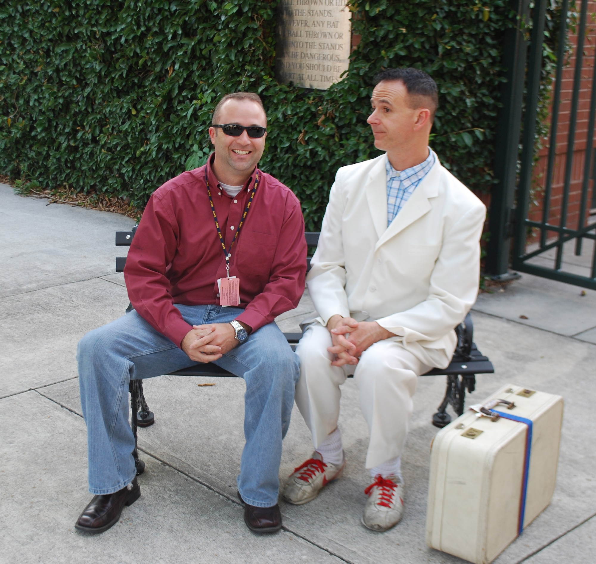Second Lt. Jeff Kelly posses with "Forrest Gump" at the Riverdog's military appreciation night.

Members of the 315th Airlift Wing along with representatives from the entire Charleston military community participated in the Riverdog's military appreciation night at Joe Riley Stadium on May 19, 2001. (U.S. Air Force Photo/Capt. Wayne Capps)