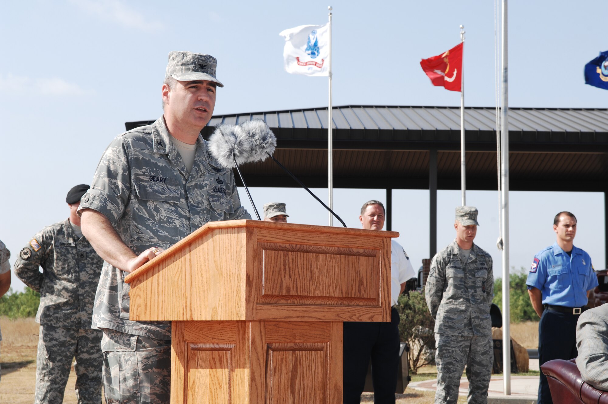 GOODFELLOW AIR FORCE BASE, Texas -- Col. Thomas Geary, 17th Training Wing Commander, speaks at the firefighter award ceremony May 18. Fifty-four Team Goodfellow firefighters received achievement medals for their assistance in extinguishing the Wildcat Fire. (U.S. Air Force photo/Staff Sgt. Laura R. McFarlane)