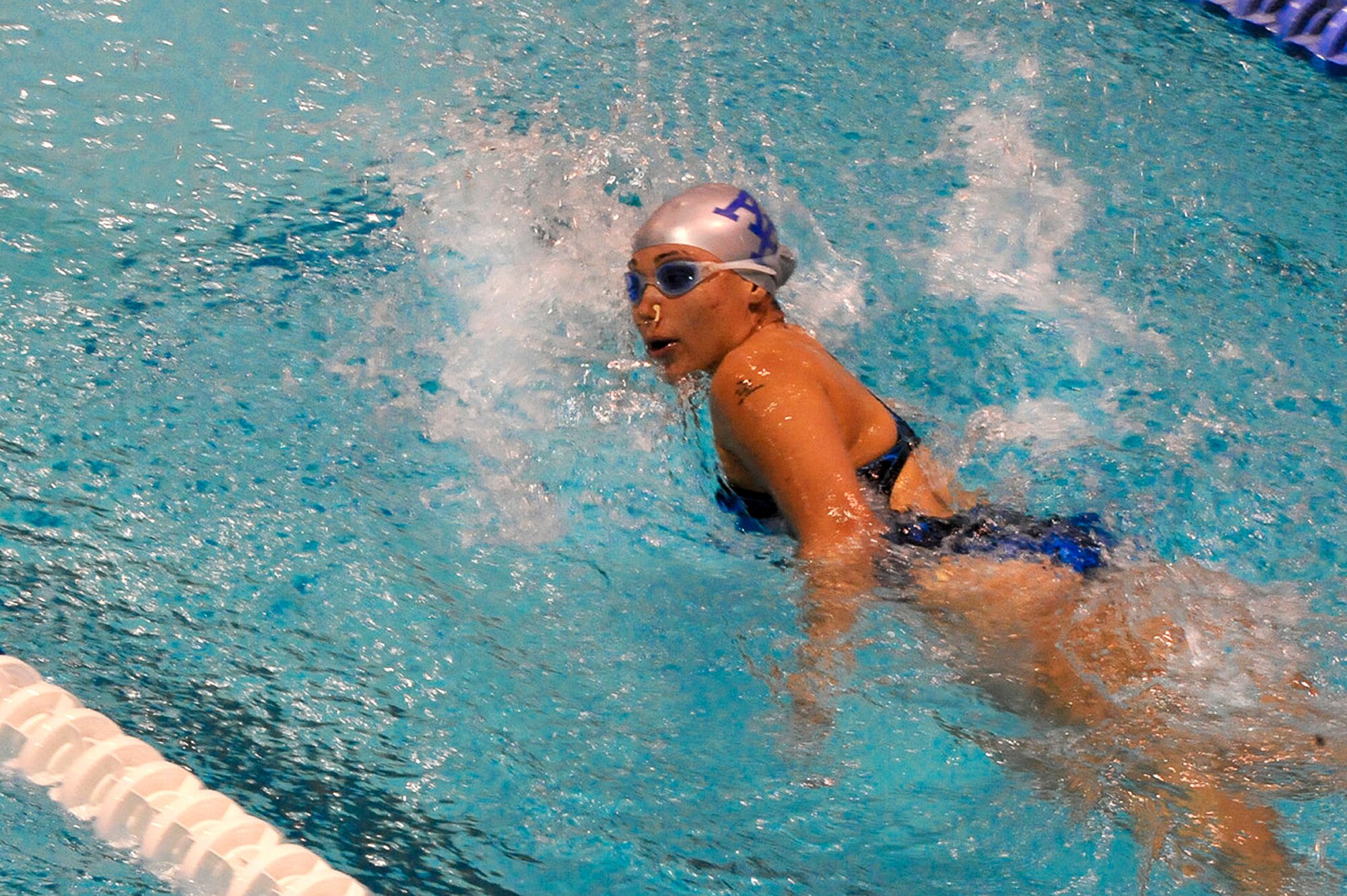 Jennifer Stone competes in a swimming competition May 18, 2011, during the 2011 Warrior Games at the U.S. Olympic Training Center in Colorado Springs, Colo. More than 200 wounded warriors from all the military services are competing in paralympic-style athletic events May 16 through 21. (U.S. Air Force photo/Staff Sgt. Desiree N. Palacios)