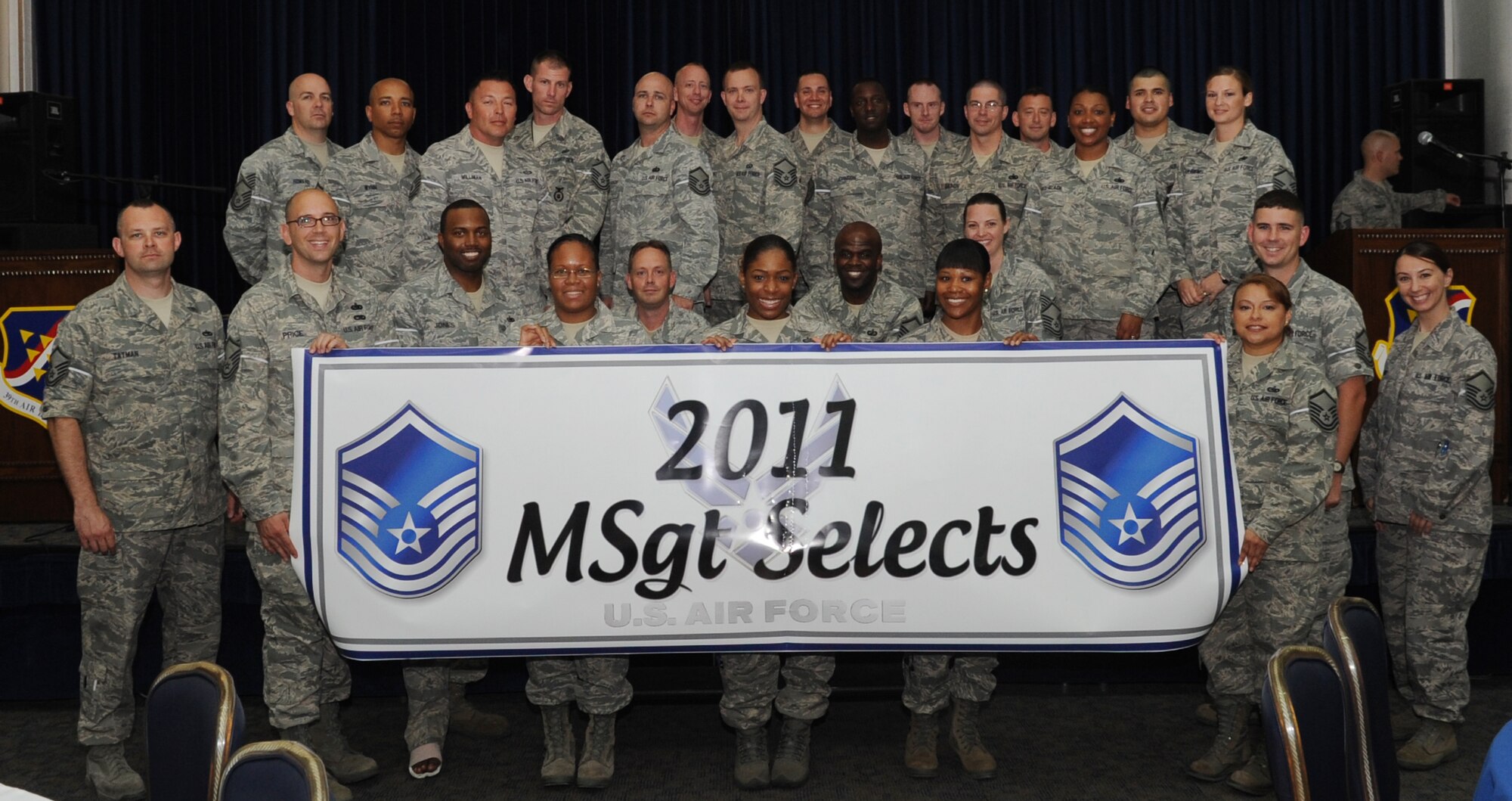 Twenty-seven of team Incirlik’s master sergeant selects pose for a group photo during a recognition ceremony at the club complex May 20, 2011 at Incirlik Air Base, Turkey.  Overall, 61 Incirlik Airmen were selected for promotion to master sergeant.  (U.S. Air Force photo by Airman 1st Class Clayton Lenhardt)