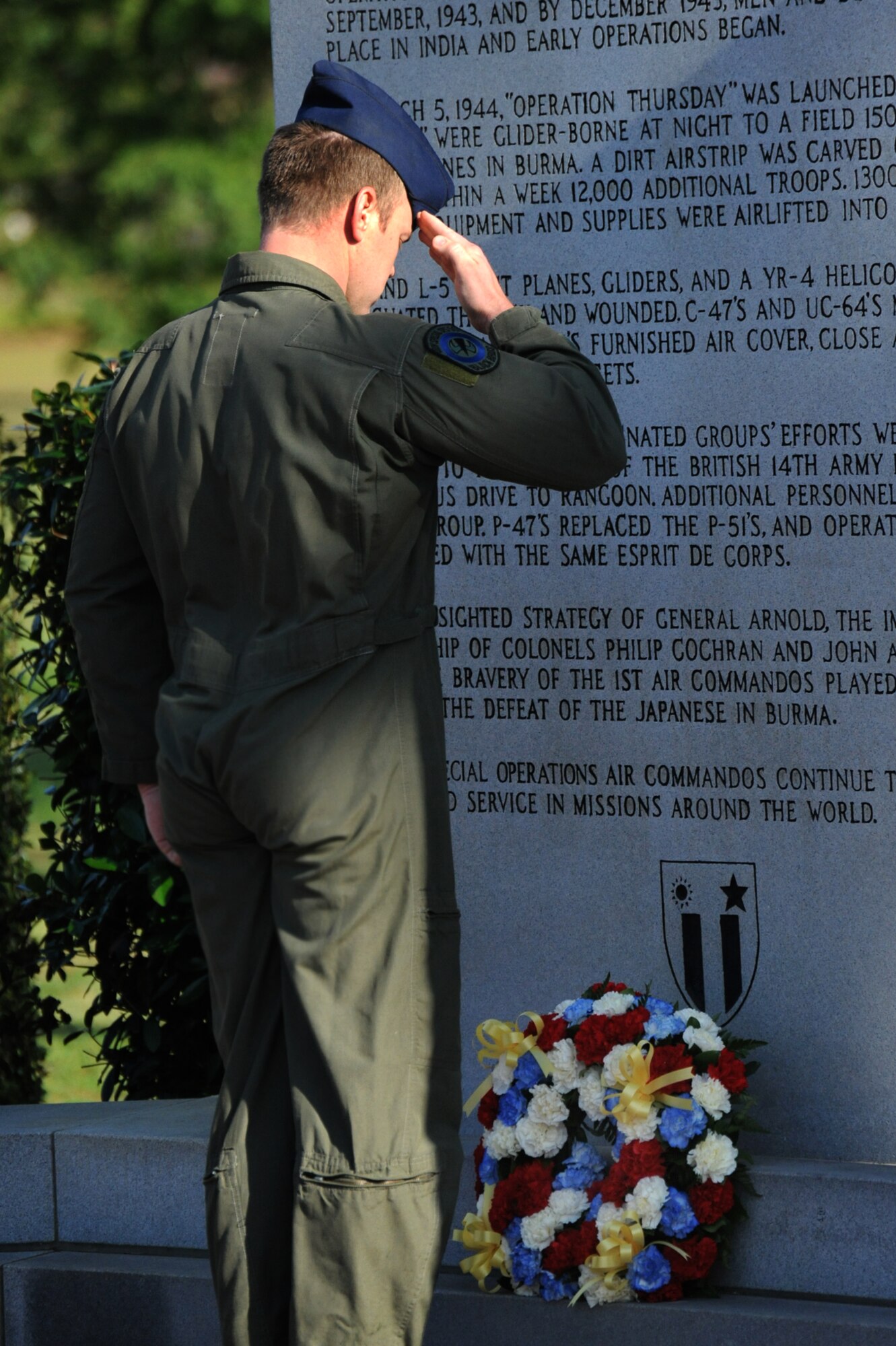 U.S. Air Force Tech. Sgt. Benjamin Joiner, 8th Special Operations Squadron flight engineer, renders a salute after presenting a memorial wreath during the Storm 73 Memorial Ceremony, Hurlburt Field, Fla., May 18, 2011. The ceremony was in honor of the members who died in the line of duty when their CV-22 crashed in Afghanistan, April 9, 2010. (U.S. Air Force photo by Airman 1st Class Caitlin O'Neil-McKeown/RELEASED)

