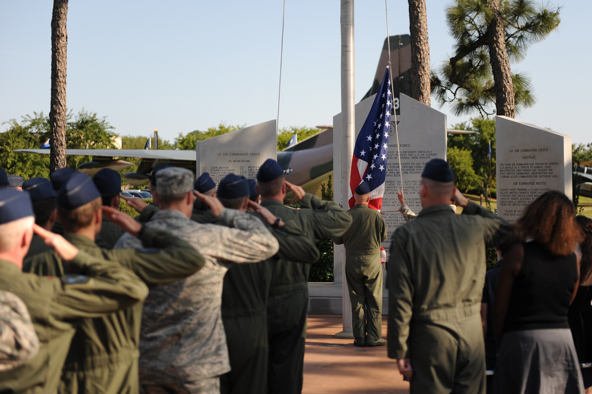 Members from the 8th Special Operations Squadron salute for the playing of the National Anthem during the Storm 73 Memorial Ceremony, Hurlburt Field, Fla., May 18, 2011. The ceremony was in honor of the members who died in the line of duty when their CV-22 crashed in Afghanistan, April 9, 2010. (U.S. Air Force photo by Airman 1st Class Caitlin O'Neil-McKeown/RELEASED)
