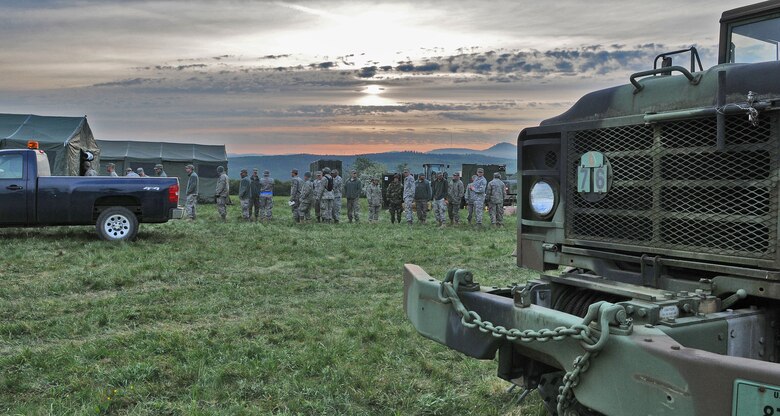 GEROLSTEIN, Germany –Airmen from the 606th Air Control Squadron line up for breakfast as part of exercise Eifel Thunder 2011 here May 10. The 606th ACS participated in a field exercise that tested their ability to deploy and set up a deployed radar and satellite communications site as well as everything else required to accomplish their mission.  The squadron returned to Spangdahlem Air Base May 16. (U.S. Air Force photo/Senior Airman Nick Wilson)