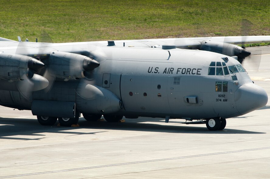 YOKOTA AIR BASE, Japan -- A C-130 Hercules prepares for takeoff at Yokota Air Base, Japan, May 19, 2011. (U.S. Air Force photo/Staff Sgt. Samuel Morse)