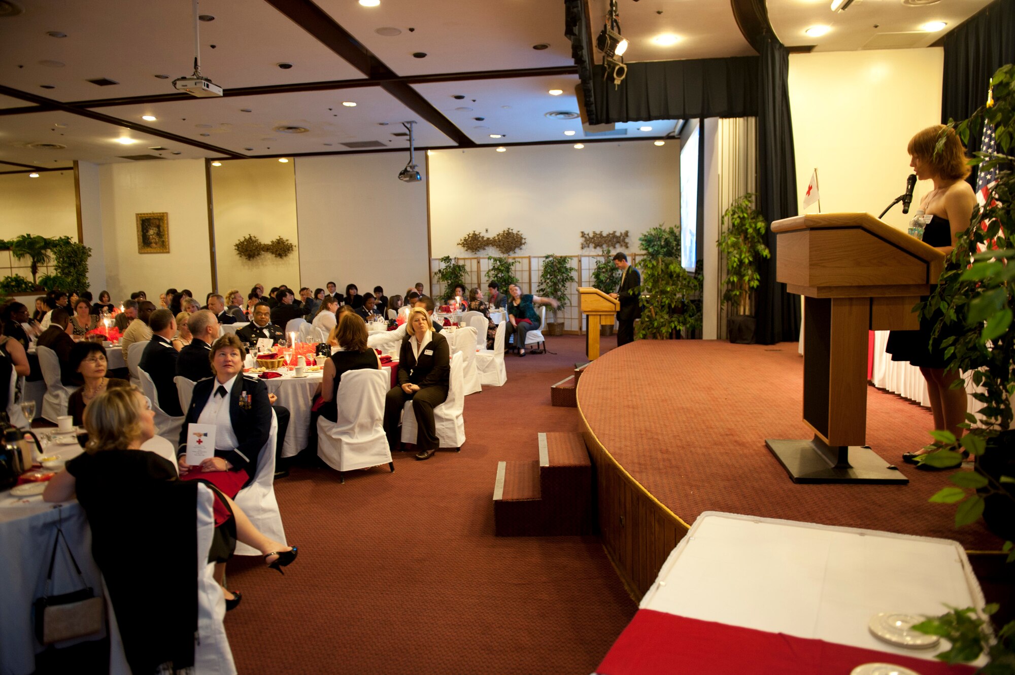 YOKOTA AIR BASE, Japan -- Desiree Economides, American Red Cross chair of volunteers at Yokota Air Base, speaks to attendees of the Red Cross Appreciation Dinner at Yokota Air Base, Japan, May 18, 2011. (U.S. Air Force photo/Staff Sgt. Samuel Morse)