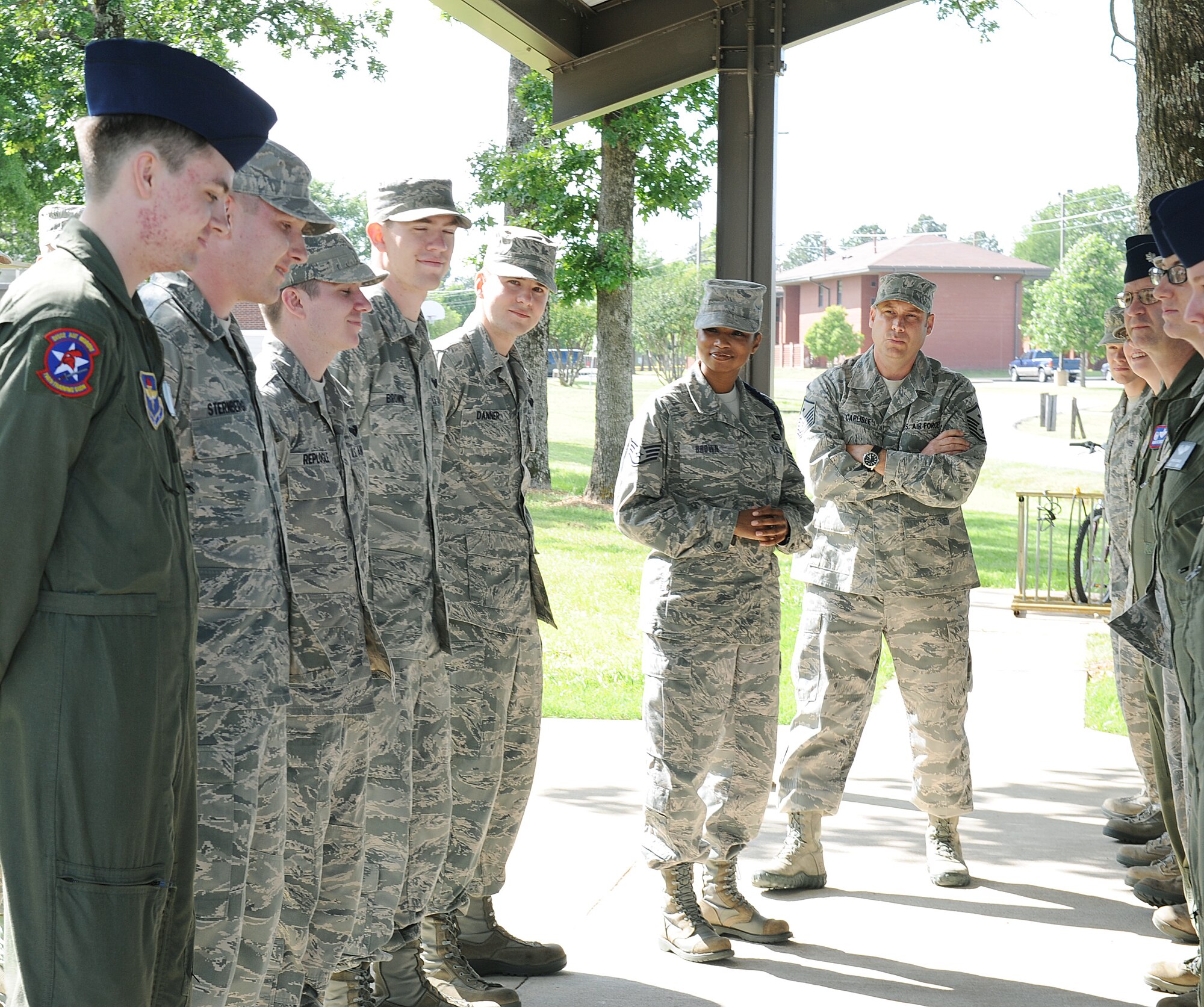 Military Training Leaders introduce newly arrived Airmen May 13, 2011, at Little Rock Air Force Base, Ark. The MTLs bring up the new Airmen in front of the flight, so they can tell their backgrounds and where they are from. (U.S. Air Force photo/Airman 1st Class Ellora Stewart)
