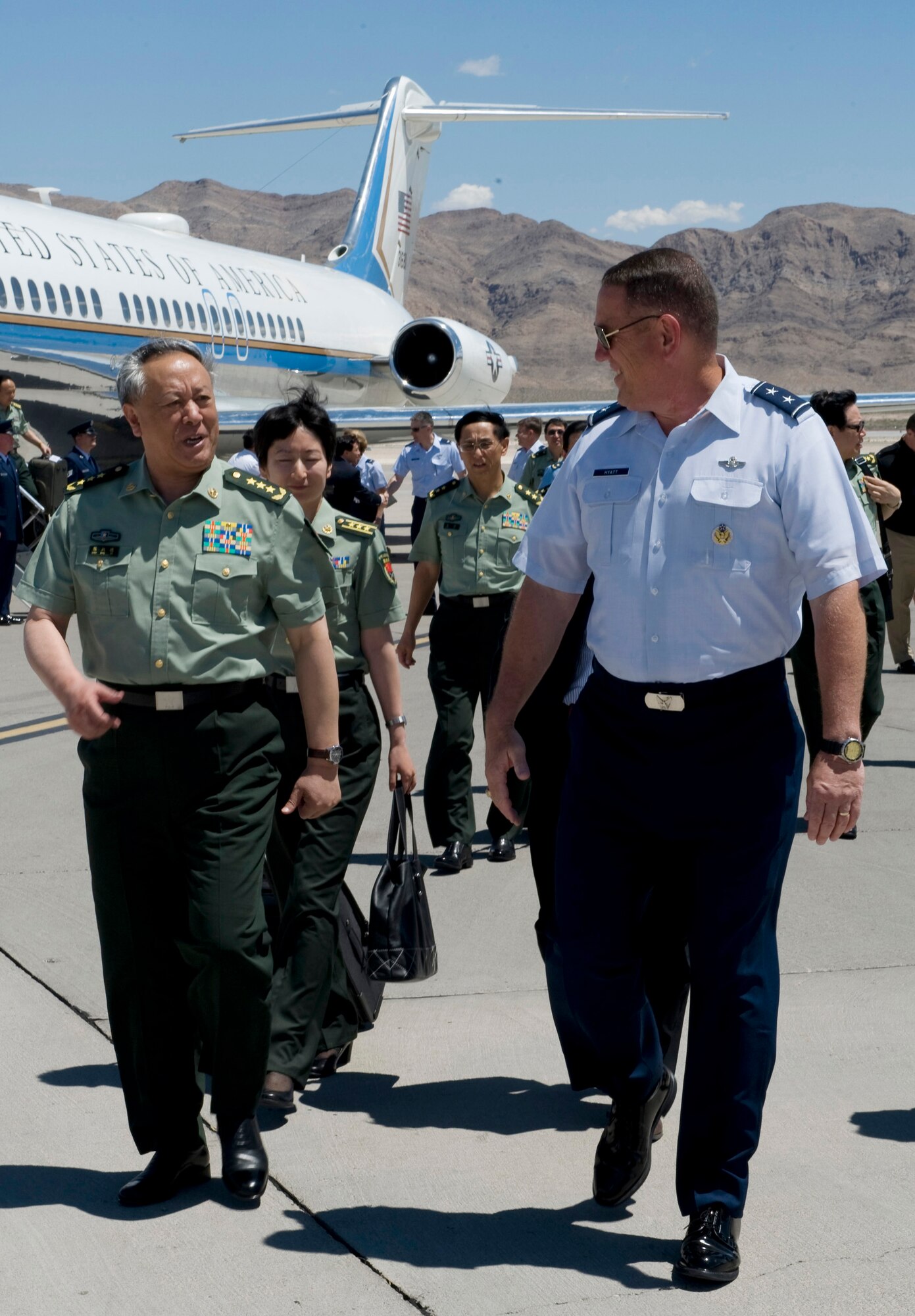 NELLIS AIR FORCE BASE, Nev.-- Chinese army Gen. Chen Bingde, chief of the general staff of the People's Liberation Army, is welcomed to Nellis Air Force Base by Maj. Gen. James W. "Bill" Hyatt, U.S. Air Force Warfare Center commander, during a visit here May 20. The Nellis event was part of a week-long official visit to the United States arranged by General Chen's U.S. counterpart, Navy Adm. Mike Mullen, chairman of the Joint Chiefs of Staff. (U.S. Air Force photo by Airman 1st Class Daniel Hughes)