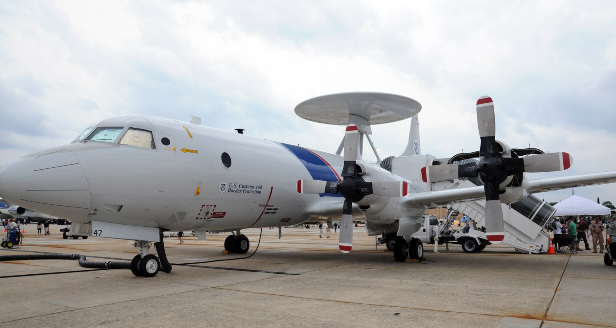 The Orion P-3 Airborne Early Warning Detection and Monitoring aircraft showcases the terrorist-fighting capabilities of the American flying military at the 2011 Joint Service Open House at Joint Base Andrews, Md., May 20. The 2011 JSOH affords the public an opportunity to meet the men and women of the Armed Forces and to see military equipment through the efforts of active duty, guard and reserve servicemembers, as well as civilian employees, retirees and family members. (U.S. Air Force photo by Airman 1st Class Lindsey A. Beadle)