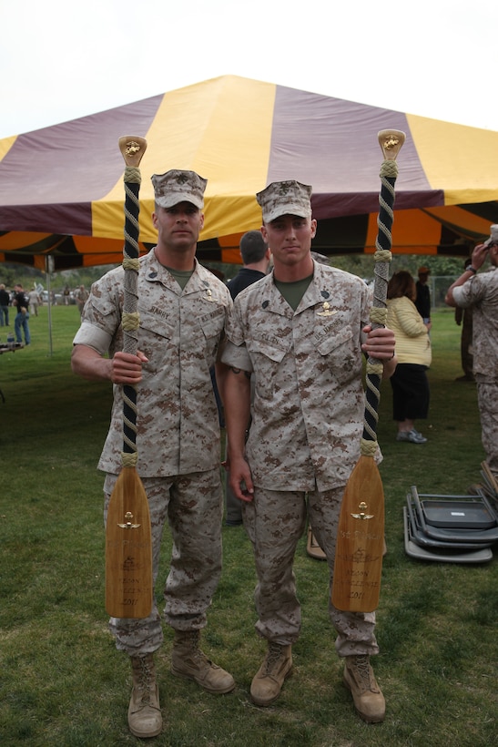 (Left to right) Gunnery Sgt. Collin Barry and Gunnery Sgt. Ryan Cullen stand proud with their awards for winning this year’s 3rd Annual Recon Challenge at Camp Pendleton, May 21. Together, Cullen and Gunnery Sgt. Collin Barry underwent more than 4 months of constant physical training to help prepare for the challenge.