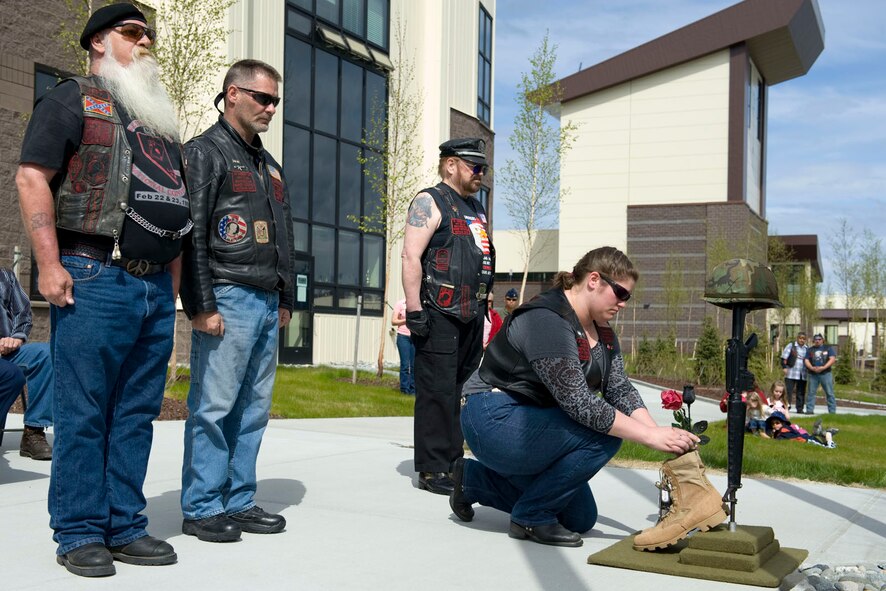 JOINT BASE ELMENDORF-RICHARDSON, Alaska -- Members of the Viet Nam Vets Motorcycle Club conduct a Fallen Warrior Ceremony in celebration of Armed Forces Day, May 2011. Along with this ceremony, the Alaska Air National Guard?s 176th Wing dedicated a memorial park and Dena?ina elder Ondola from the native village of Eklutna performed a blessing of the land over the new home of the wing. In February, the wing moved from Kulis Air National Guard Base to Joint Base Elmendorf-Richardson per the 2005 Defense Base Realignment and Closure proposal. Alaska Air National Guard photo by Master Sgt. Shannon Oleson.