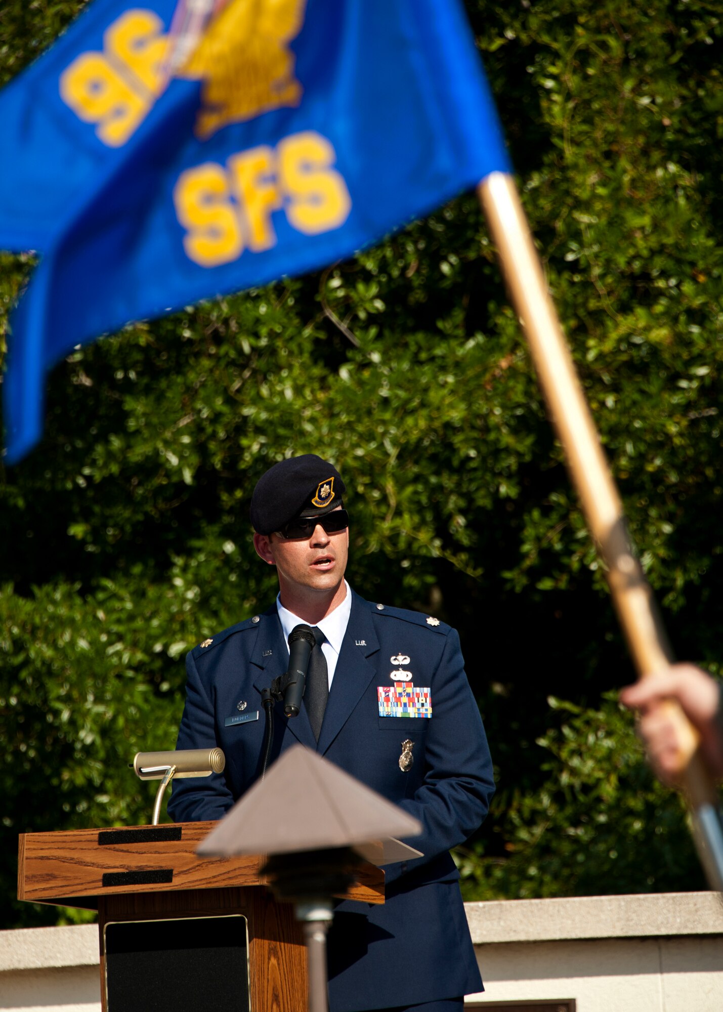 Maj. Michael Borders, 96th Security Forces Squadron, speaks to the crowd about the importance of National Police Week prior to a Retreat ceremony at Eglin’s All Wars Memorial May 20.  The ceremony closed out a week of activities by base security forces and local law enforcement in celebration of National Police Week.  (U.S. Air Force photo/Samuel King Jr.)