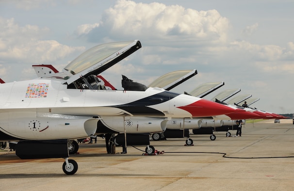 The U.S. Air Force Thunderbird's flight demonstration team aircraft stand ready for their post performance inspection and maintenance following their demonstration at the 2011 Joint Service Open House here May 21. The JSOH affords the public an opportunity to meet the men and women of the Armed Forces and to see military equipment from the Navy, Marines, Army, Air Force and Coast Guard. The JSOH is planned and conducted through the efforts of active duty, guard and reserve servicemembers, as well as civilian employees, retirees and family members. (U.S. Marine Corps. photo)