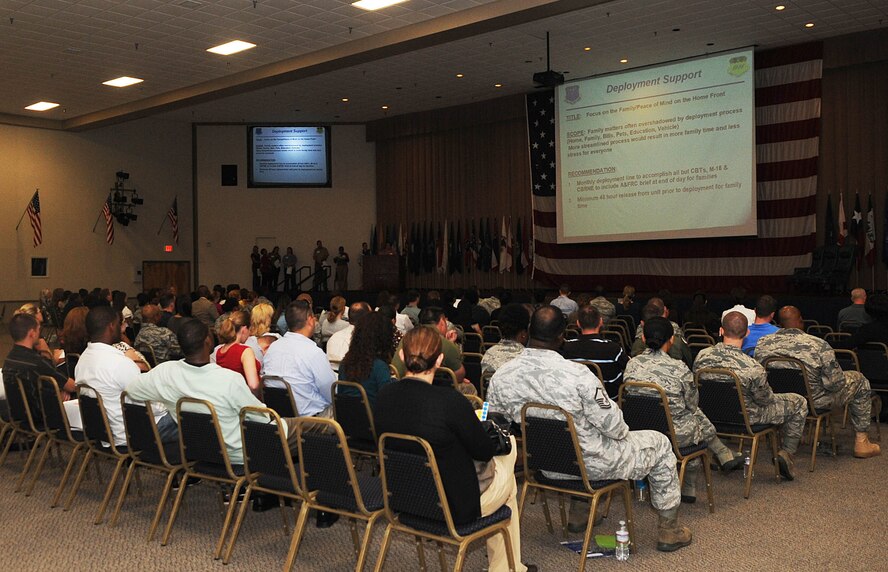 Participants of the Caring for People Forum carefully listen to possible topics to vote on at Hoban Hall on Barksdale Air Force Base, La., May 20. The forum, held annually at Air Force level, is an opportunity for bases to bring issues to the attention of those that can make a difference. (U.S. Air Force photo/Senior Airman Kristin High)(RELEASED)