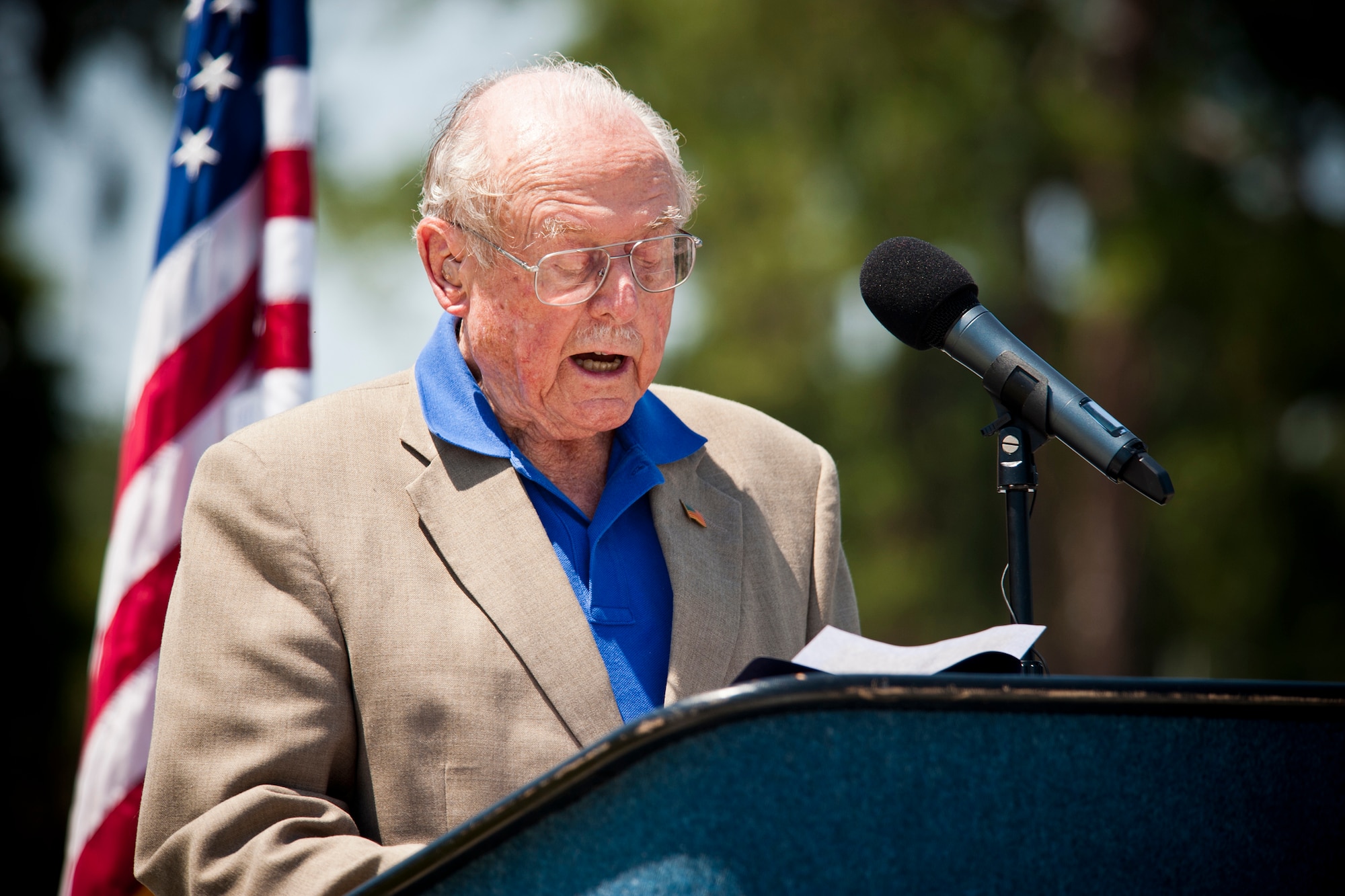 MOODY AIR FORCE BASE, Ga. -- Retired Air Force Col. Clarence Parker, reads a letter written by former President George W. Bush during a dedication ceremony for the President George W. Bush Air Park at Moody Field May 20. Colonel Parker served as Moody wing commander during President Bush’s undergraduate pilot training at Moody in the late 1960s. (U.S. Air Force photo/Staff Sgt. Jamal D. Sutter)(RELEASED)
