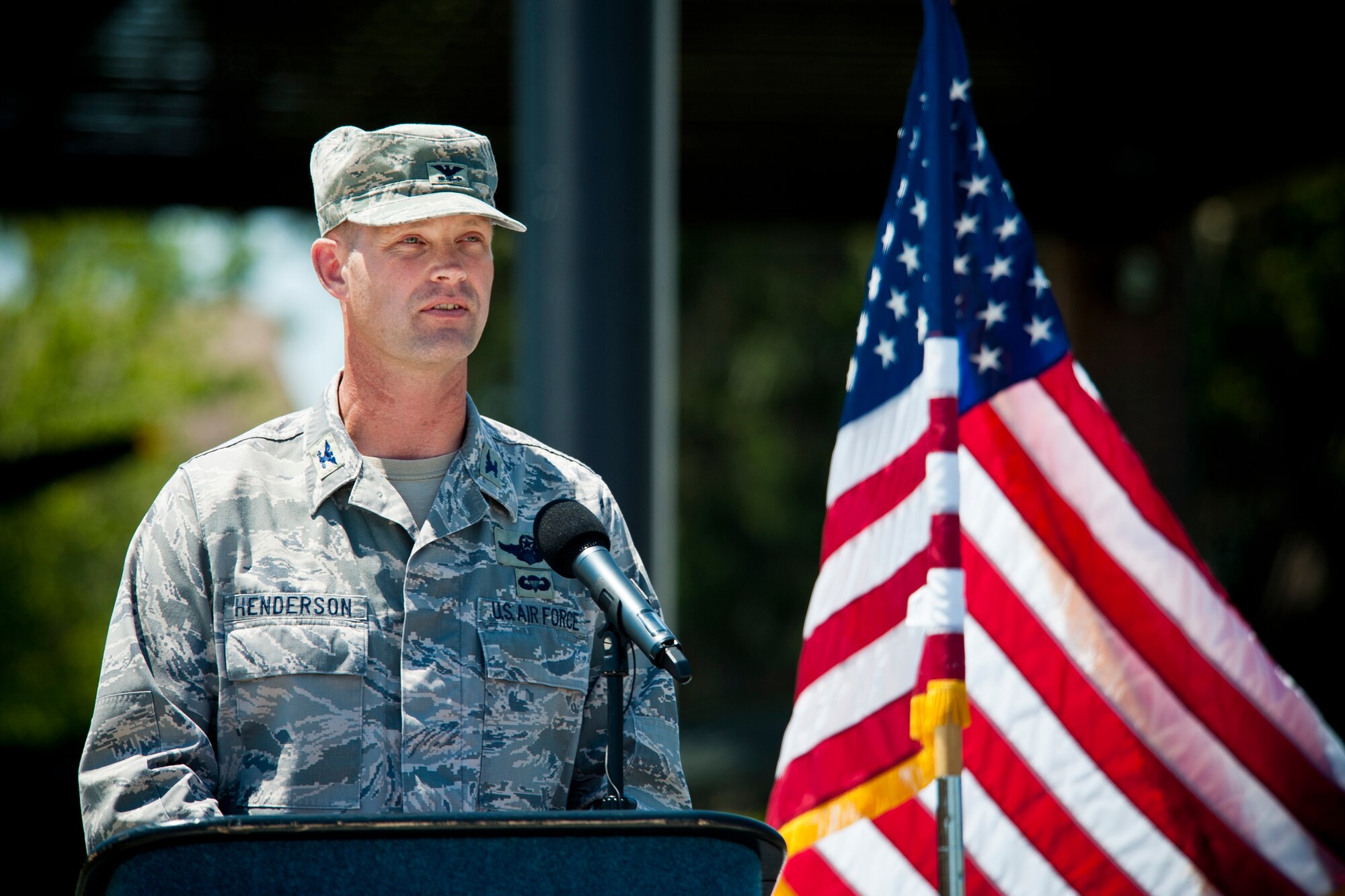MOODY AIR FORCE BASE, Ga. -- Col. Gary Henderson, 23rd Wing commander, gives remarks during a dedication ceremony for the President George W. Bush Air Park at Moody Field May 20. One topic Colonel Henderson spoke on was the hard work and devotion it took in planning and creating the air park. (U.S. Air Force photo/Staff Sgt. Jamal D. Sutter)(RELEASED)
