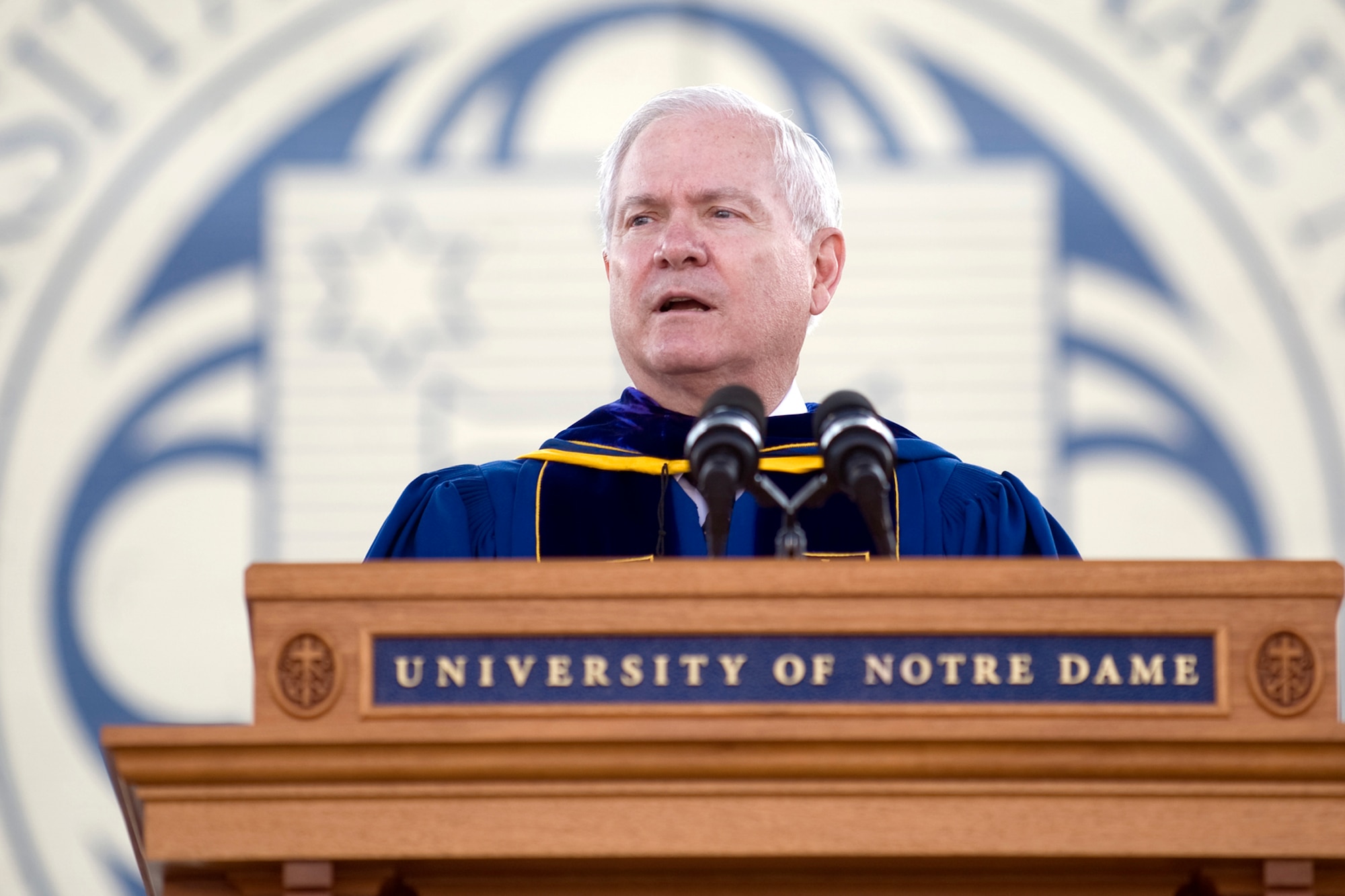 Defense Secretary Robert M. Gates speaks during the University of Notre Dame commencement ceremony May 22, 2011, in South Bend, Ind. Secretary Gates told graduates that the size and strength of the U.S. military will be key to U.S. success in the 21st Century. (Defense Department photo/Cherie Cullen)