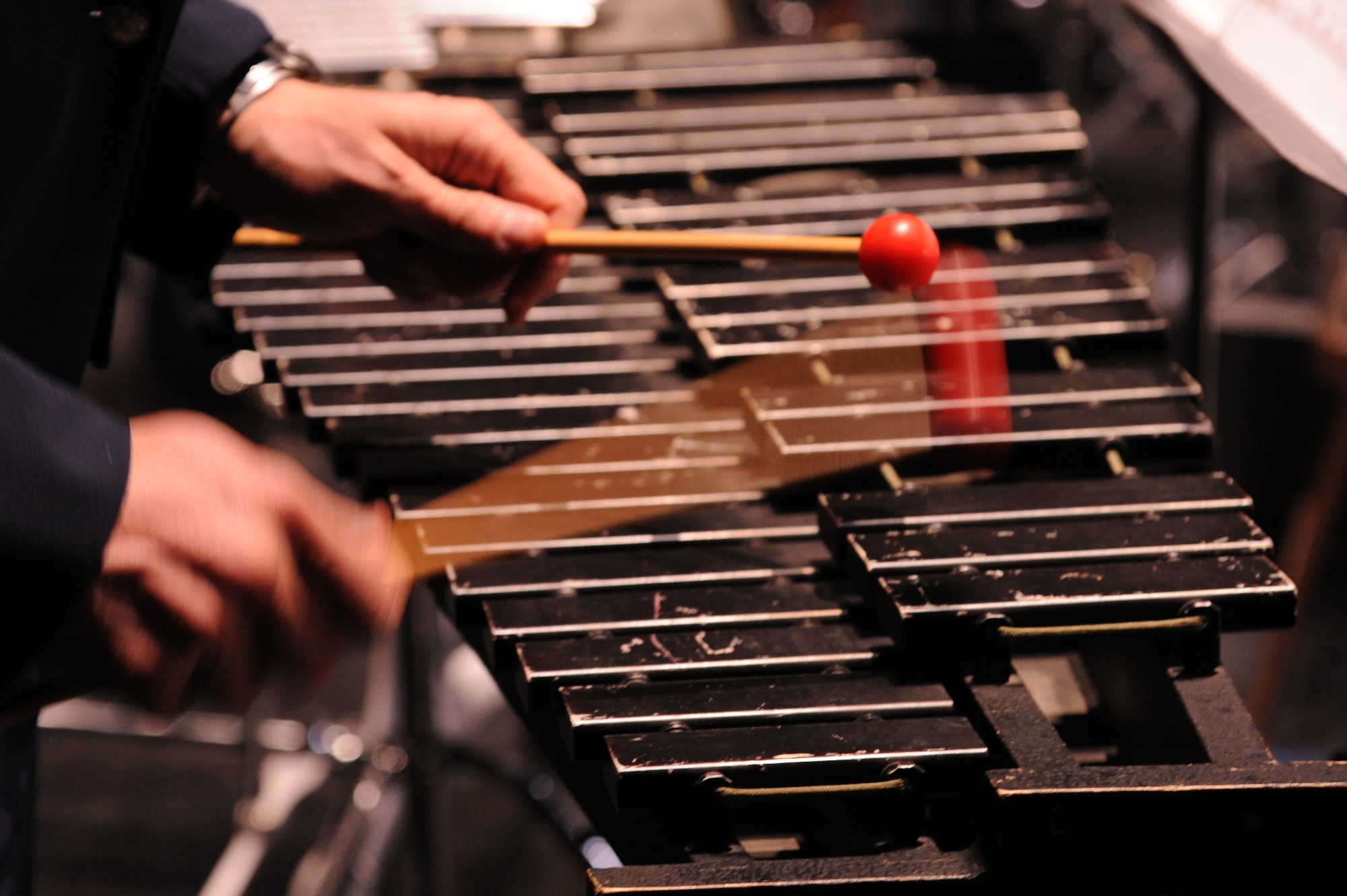 SEYMOUR JOHNSON AIR FORCE BASE, N.C.- Senior Airman Les Fowler plays the xylophone during the U. S. Air Force Heritage of America Band performance at the Paramount Theater  in Goldsboro, May 19, 2011. Airman Fowler is a regional band specialist and has been a member of the Heritage of America Band since September 2008.  Airman Fowler is a native of Towanda, Penn. (U. S. Air Force photo/Senior Airman Whitney Lambert)