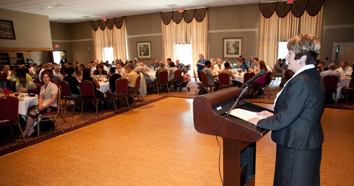 Carolyn Adams, director of the Ralph H. Johnson Veteran’s Administration Medical Center, delivers the keynote address to more than 240 attendees at this year’s Federal Executive Association Employee of the Year awards luncheon, May 18 at the Redbank Club on Joint Base Charleston – Weapons Station. (courtesy photo)