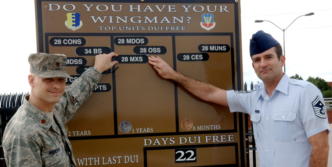 Maj. Nicholas Pedersen, 28th Maintenance Squadron commander, and Senior Master Sgt. David Kish, 28th MXS first sergeant, move their squadron’s DUI-free marker from six months to one year, May 23, 2011, at Ellsworth Air Force Base, S.D. In the past two years, the 28th MXS led the 28th Bomb Wing in DUIs. Major Pedersen attributes the squadron DUI-free year to leadership at all levels and Airmen throughout the squadron making the right choices. (U.S. Air Force photo by Senior Airman Jarad A. Denton)  