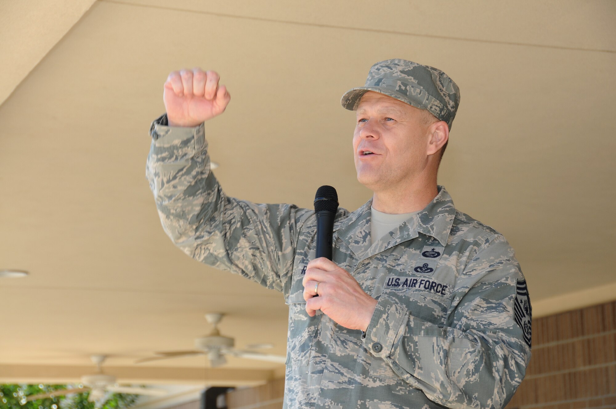 Chief Master Sgt. of the Air Force James Roy encourages 81st Training Group students during an Airman's Call on the parade field during a visit to Keesler May 19.  He accompanied Secretary of the Air Force Michael Donley on the trip.   (U.S. Air Force photo by Kemberly Groue)