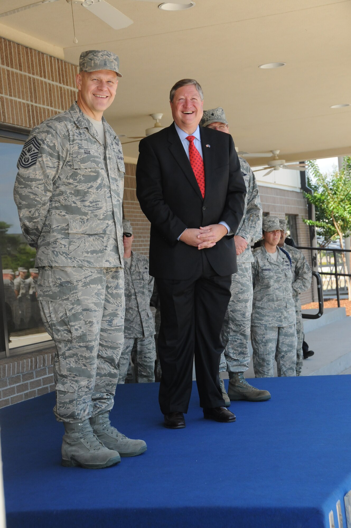 Chief Master Sgt. of the Air Force James Roy, left, and Secretary of the Air Force Michael Donley listen to squadron chants during an Airman's Roll Call for technical training students in the 81st Training Group during a visit to Keesler May 19.   (U.S. Air Force photo by Kemberly Groue)