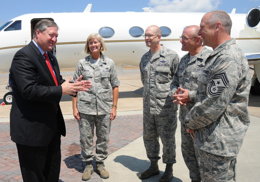 From left, Secretary of the Air Force Michael Donley chats with Maj. Gen. Mary Kay Hertog, 2nd Air Force commander; Col. Jay Jensen, 403rd Wing commander; Brig. Gen. Andrew Mueller, 81st Training Wing commander; and Chief Master Sgt. Anthony Woitalla, 403rd Wing command chief, during Secretary Donley's visit to Keesler Thursday.  Secretary Donley was accompanied by Chief Master Sgt. of the Air Force James Roy.  (U.S. Air Force photo by Kemberly Groue)