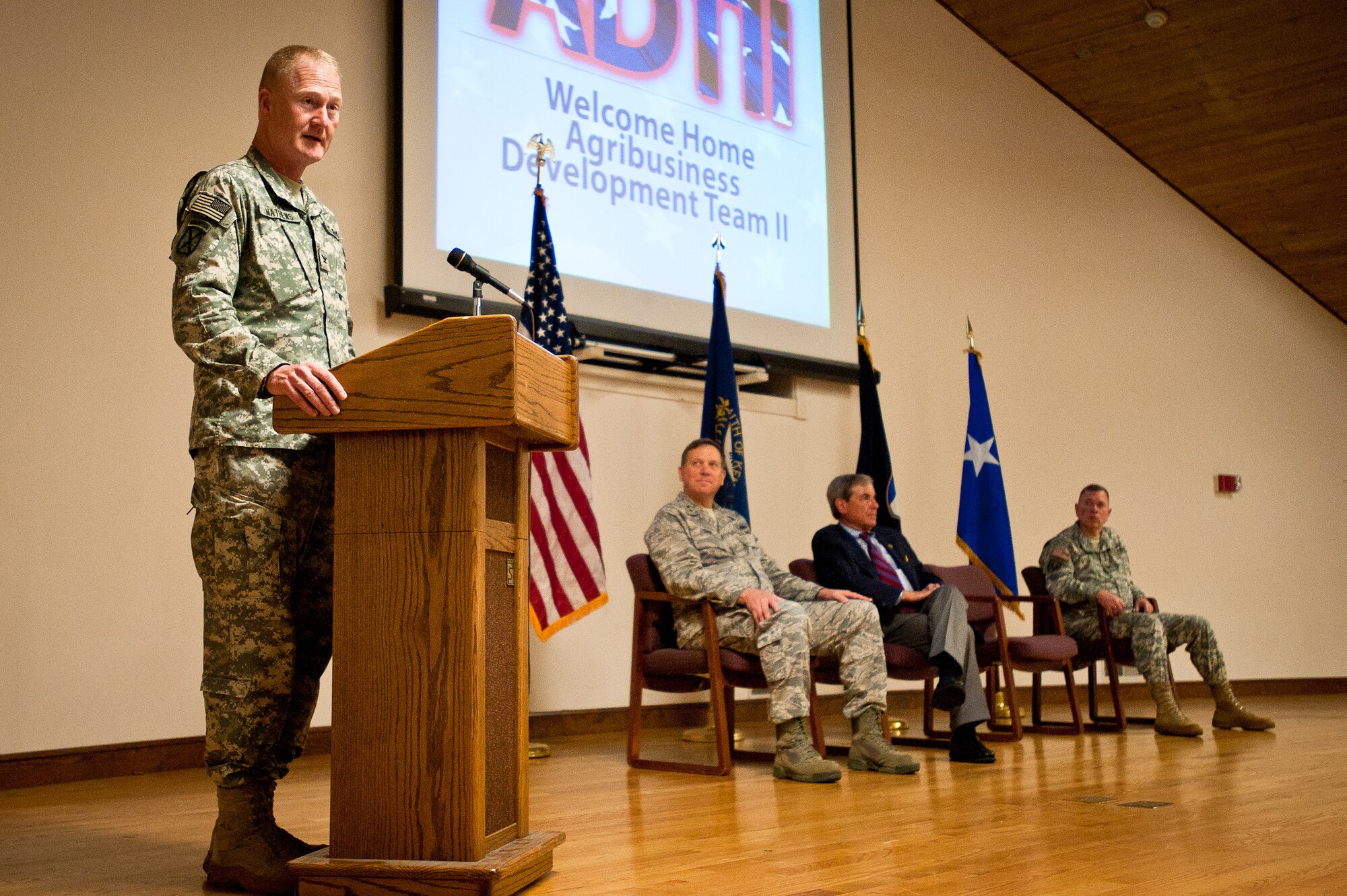 Col. J. Hunter Mathews Jr., commander of the Kentucky National Guard's Agribusiness Development Team II, thanked his troops during a speech May 1, 2011, at the Kentucky Air National Guard Base in Louisville, Ky., expressing his deep appreciation for their outstanding performance over he past 12 months while deployed to Afghanistan. The more than 60 Army and Air Guardsmen worked to make Afghani farmers become agriculturally self-sufficient, fostered business opportunities through a women's-empowerment initiative and provided force protection. (U.S. Air Force Photo by Maj. Dale Greer)