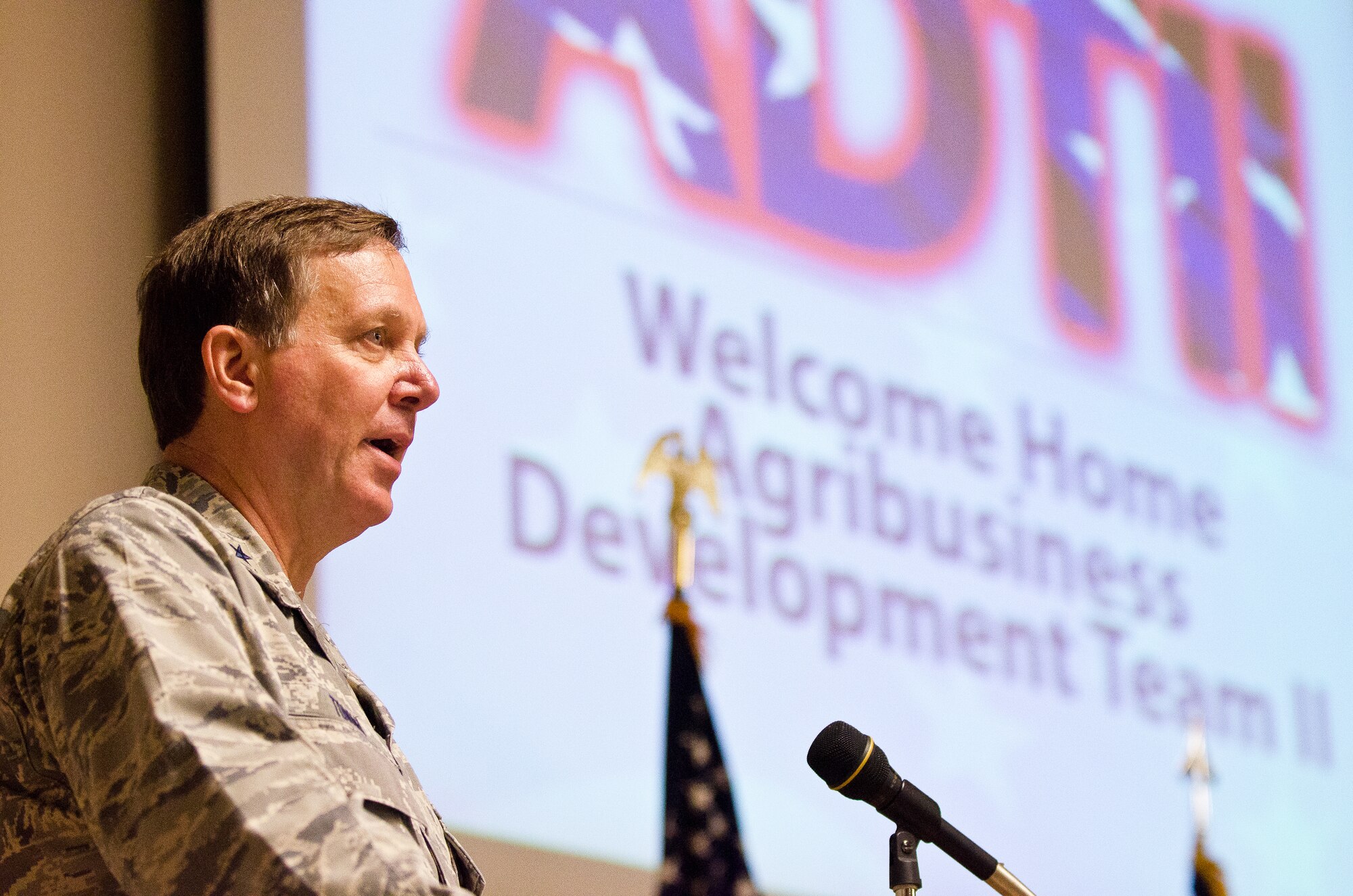 Kentucky’s adjutant general, Maj. Gen. Edward W. Tonini, praised the service and dedication of the more than 60 Soldiers and Airmen who comprised the Kentucky National Guard’s Agribusiness Development Team II during a speech May 1, 2011, at the Kentucky Air National Guard Base in Louisville, Ky. The Soldiers and Airmen had just returned from a 12-month deployment to Afghanistan, where they worked to make Afghani farmers become agriculturally self-sufficient, fostered business opportunities through a women's-empowerment initiative and provided force protection. (U.S. Air Force Photo by Maj. Dale Greer)