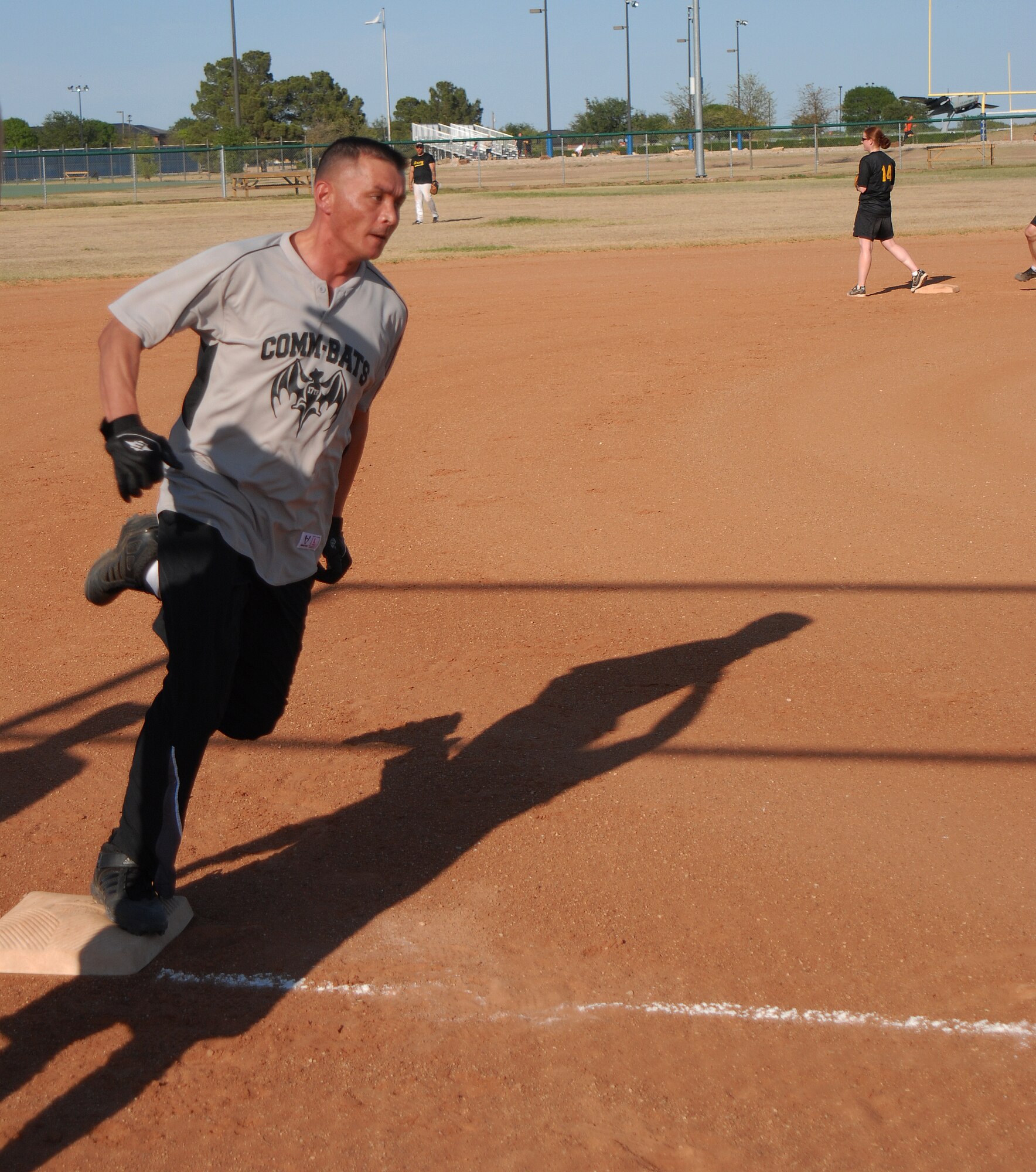 GOODFELLOW AIR FORCE BASE, Texas -- Billy Humphrey, 17th Communications Squadron, heads to home plate during an intramural softball game against the 344th Military Intelligence Battalion May 16. The 344th MIB took home the victory. (U.S. Air Force photo/Airman 1st Class Michael Smith)
