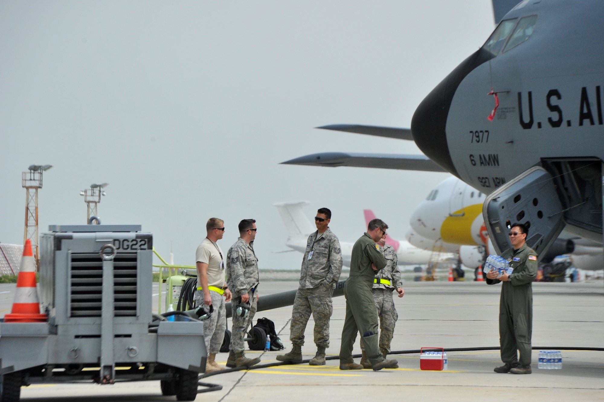 Airmen from the 927th Air Refueling Squadron prepare KC-135 Stratotaker’s for flight at Burgas Airport, Bulgaria May 17.  Four KC-135s and approximately 80 personnel are scheduled to operate from the airport through the end of May.  The aircraft are temporarily deployed here from another base in the region that is currently closed for routine runway repairs.  (U.S. Air Force photo by Master Sgt. Laura K. Deckman/released)