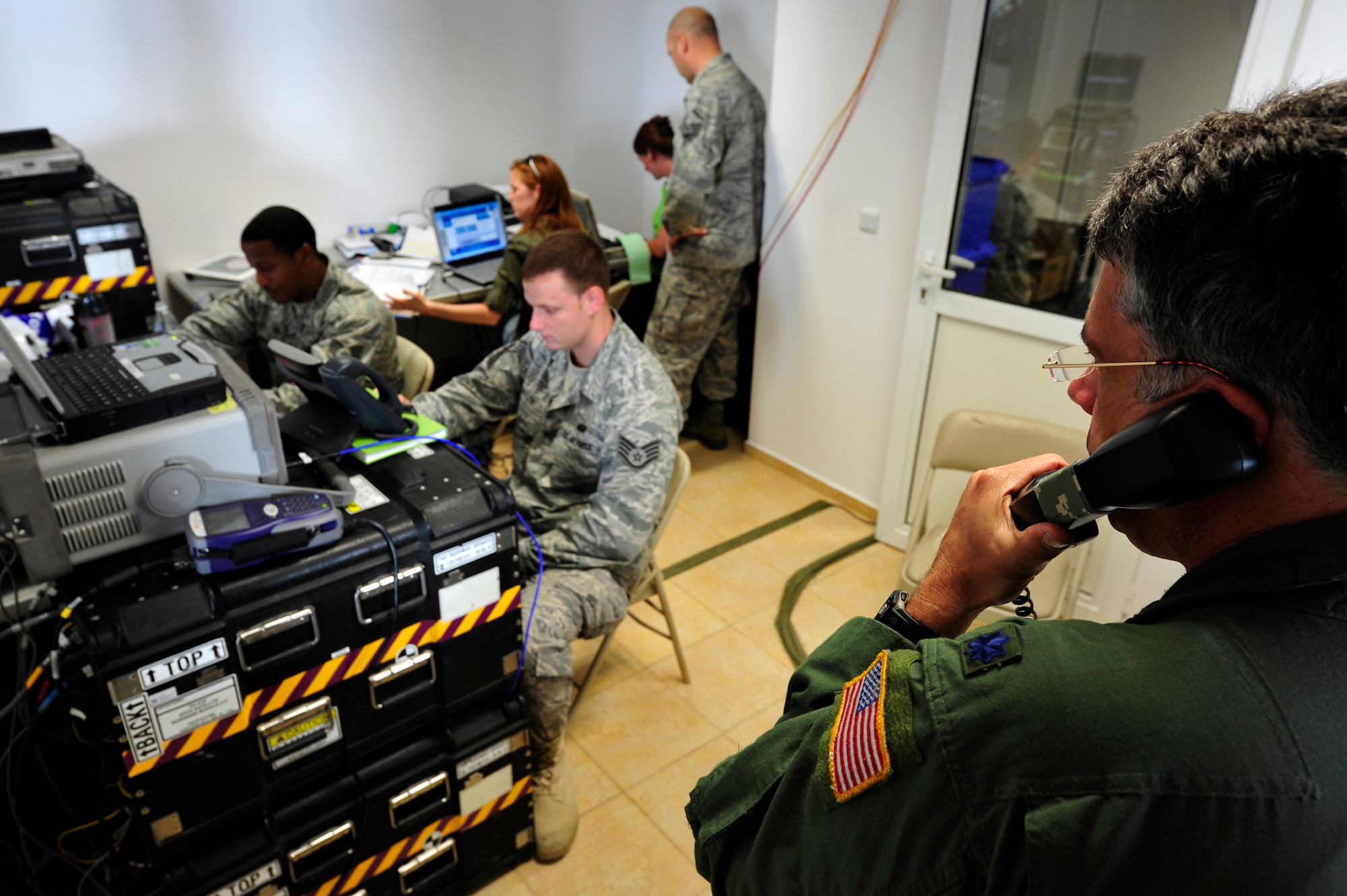 Airmen from the 621st Contingency Response Wing and 927th Air Refueling Squadron conduct airfield operations at Burgas Airport, Bulgaria May 17.  Four KC-135 Stratotankers and approximately 80 personnel are scheduled to operate from the airport through the end of May.  The aircraft are temporarily deployed here from another base in the region that is currently closed for routine runway repairs.  (U.S. Air Force photo by Master Sgt. Laura K. Deckman/released)